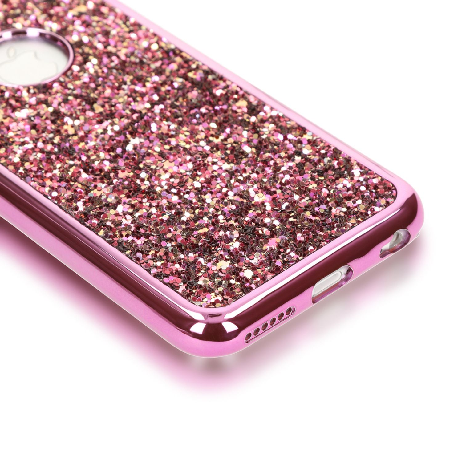 Eine glänzende pinke Handyhülle mit vielen glitzernden Pailletten auf der Rückseite.