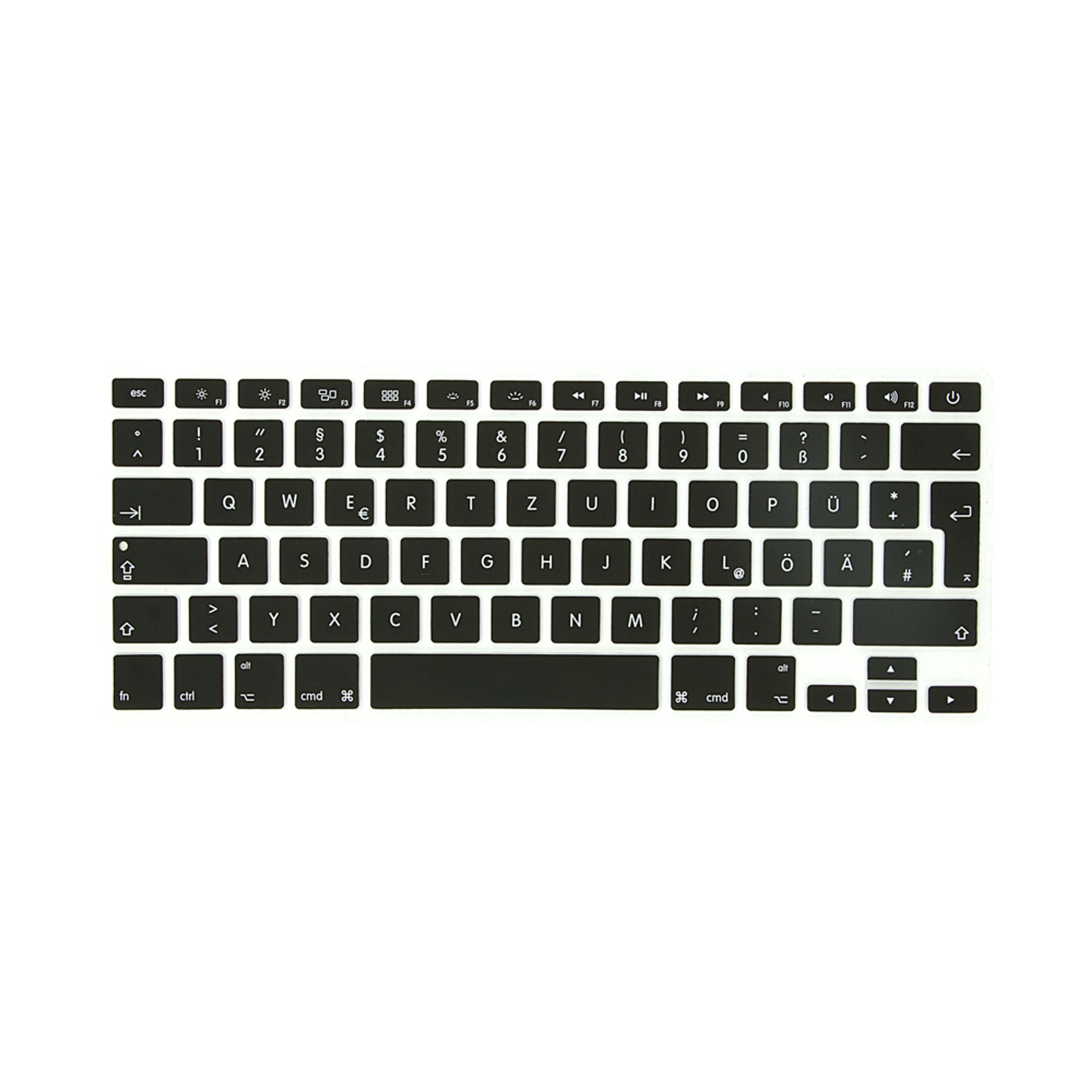 Schwarze Tastaturabdeckung mit deutscher QWERTZ-Belegung auf weißem Hintergrund.
