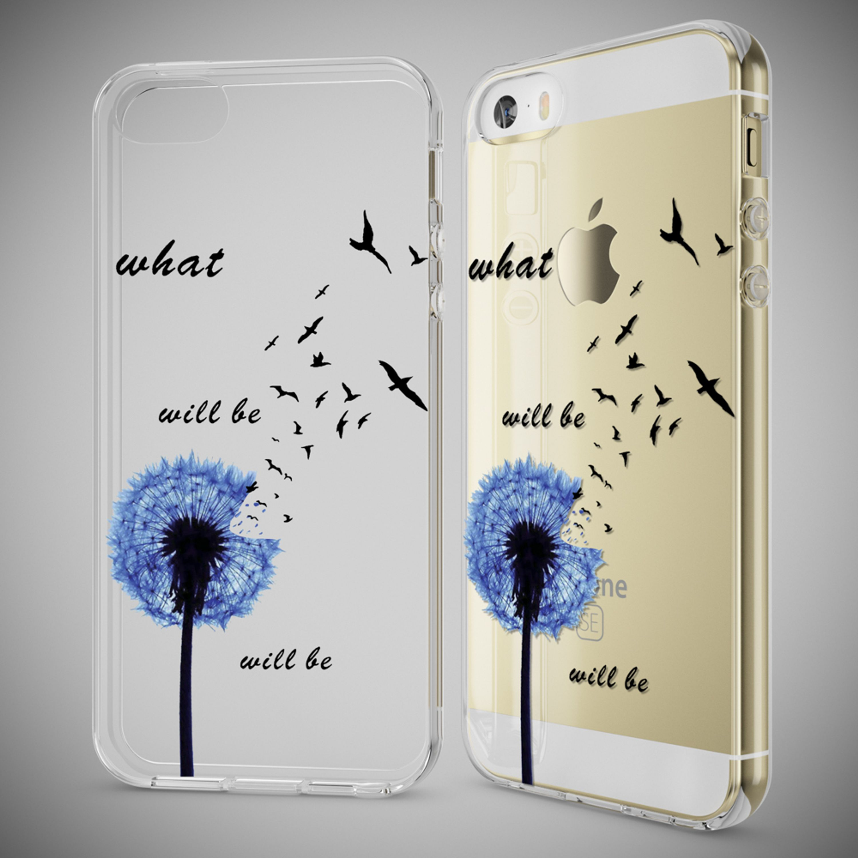 Transparente Handyhülle mit blauem Pusteblumen-Motiv und fliegenden Vögeln.