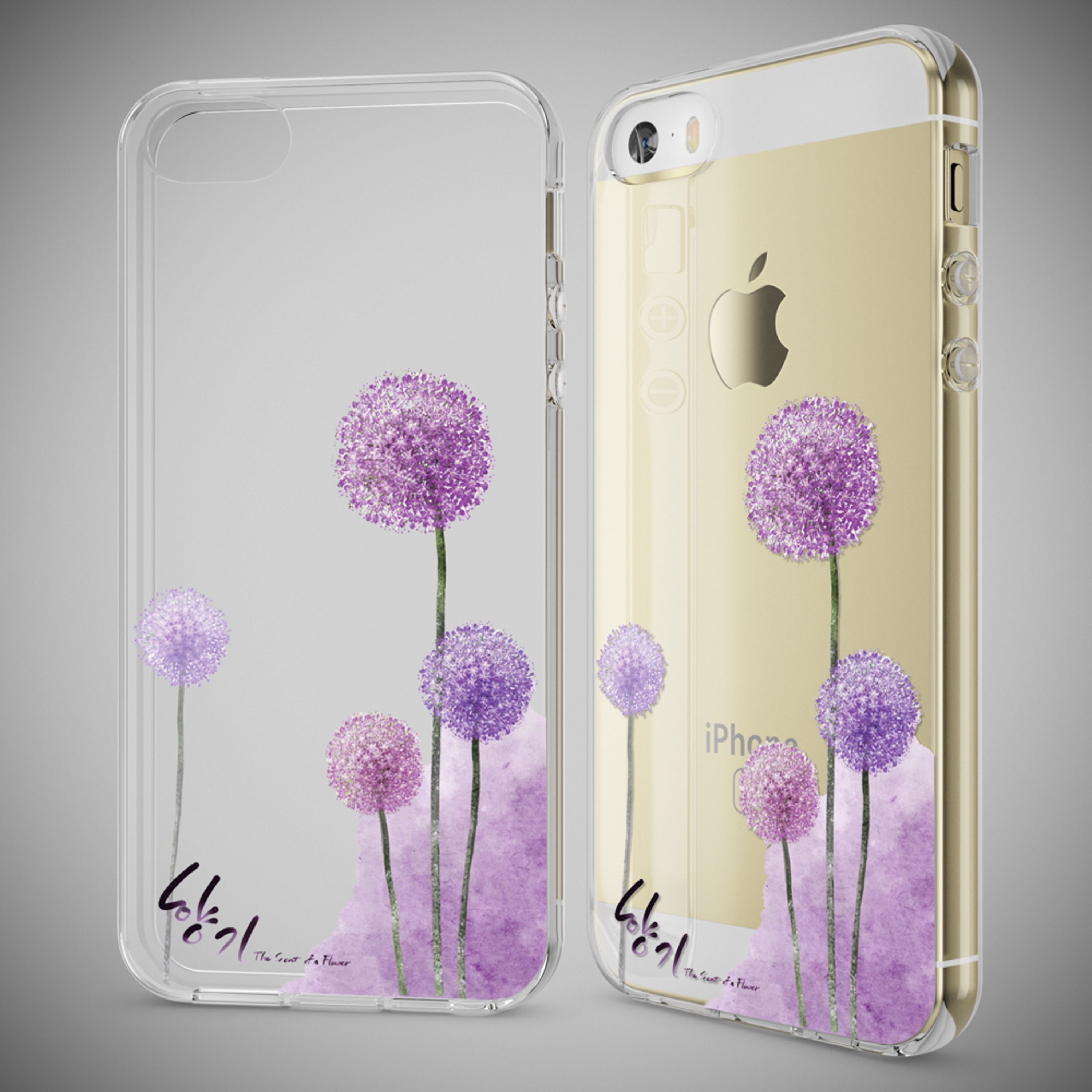 Transparente iPhone-Hülle mit lila Alliumblüten und Aquarell-Hintergrund.