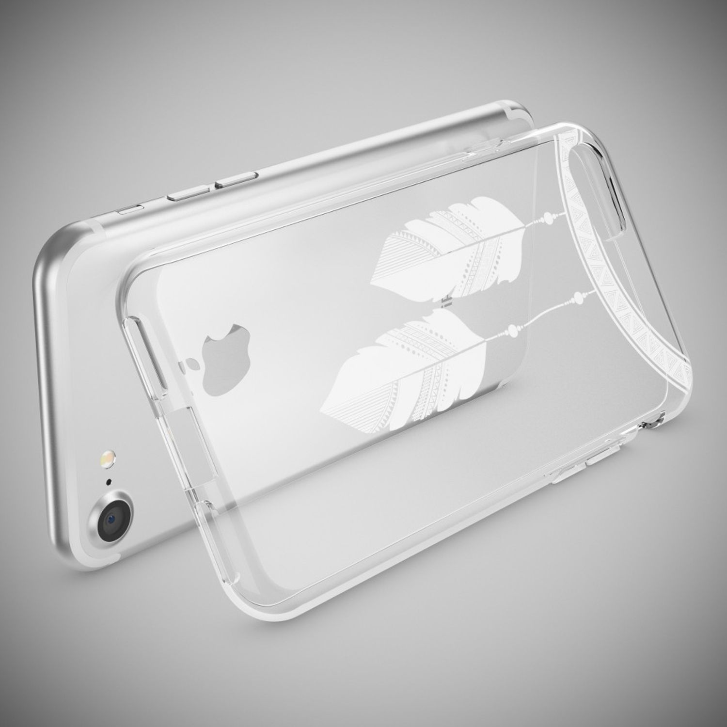 Ein silbernes Smartphone mit transparenter Hülle und weißem Federmuster auf grauem Hintergrund.