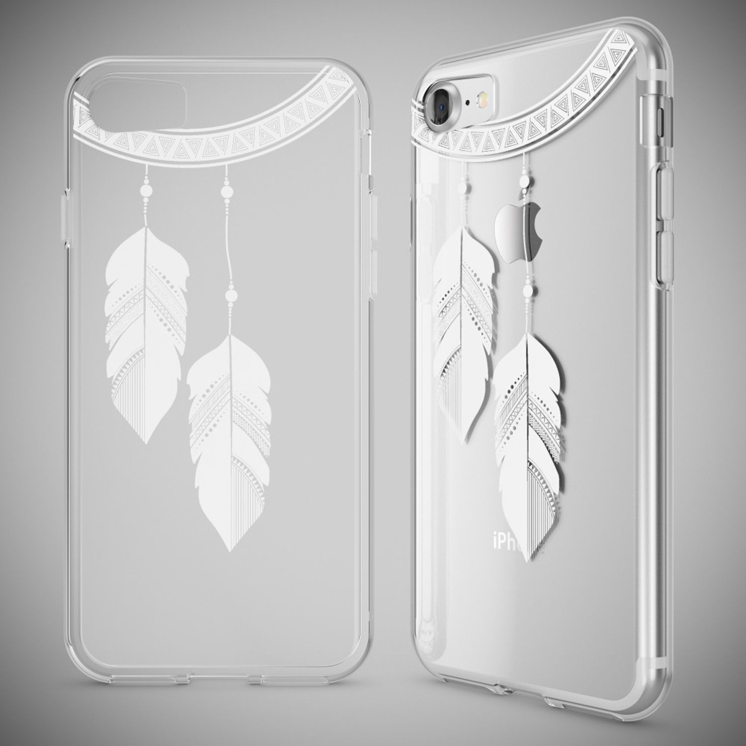 Transparente Handyhülle mit weißem Federn- und Mustermotiv.