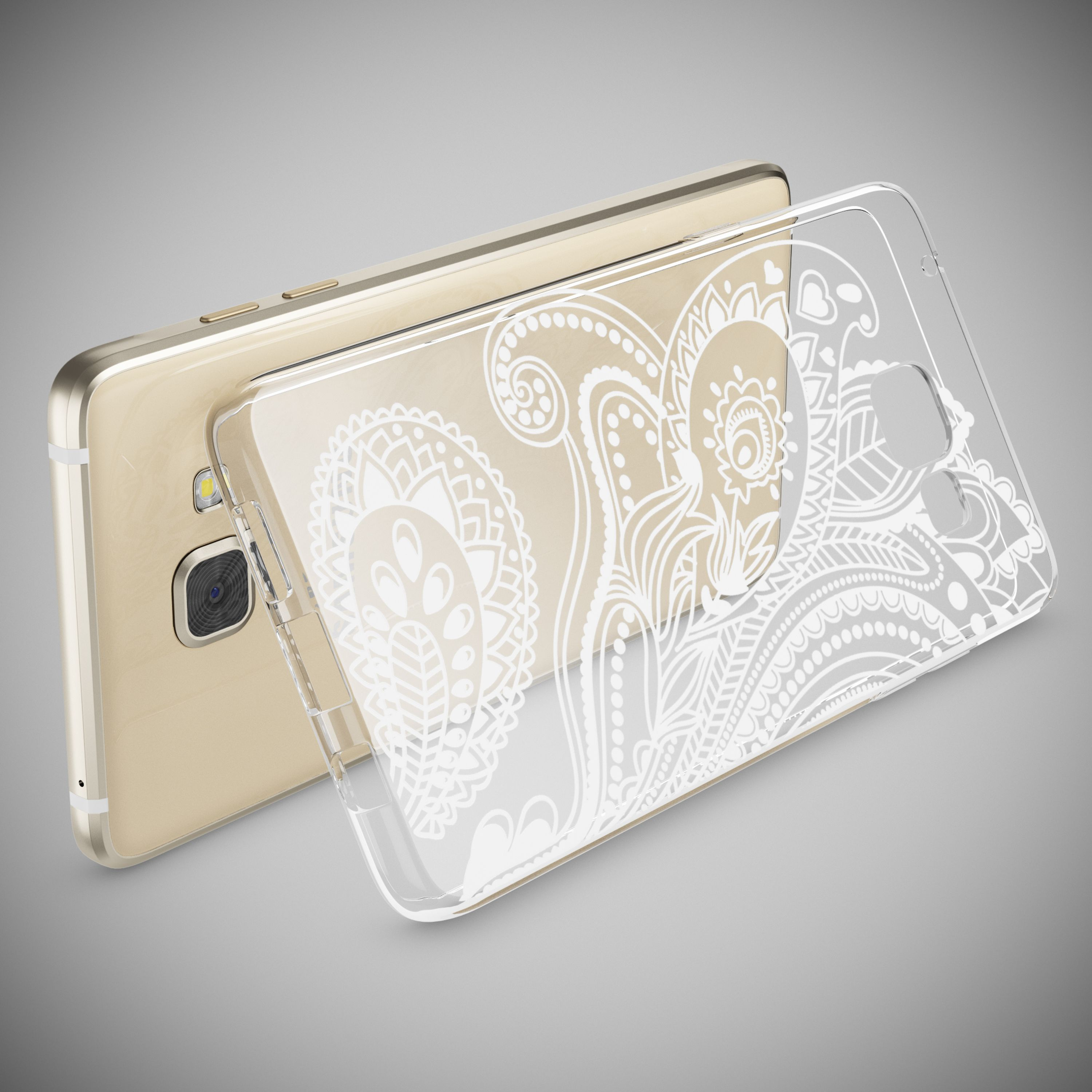 Goldenes Smartphone und transparente Handyhülle mit weißem Paisley-Muster vor grauem Hintergrund.