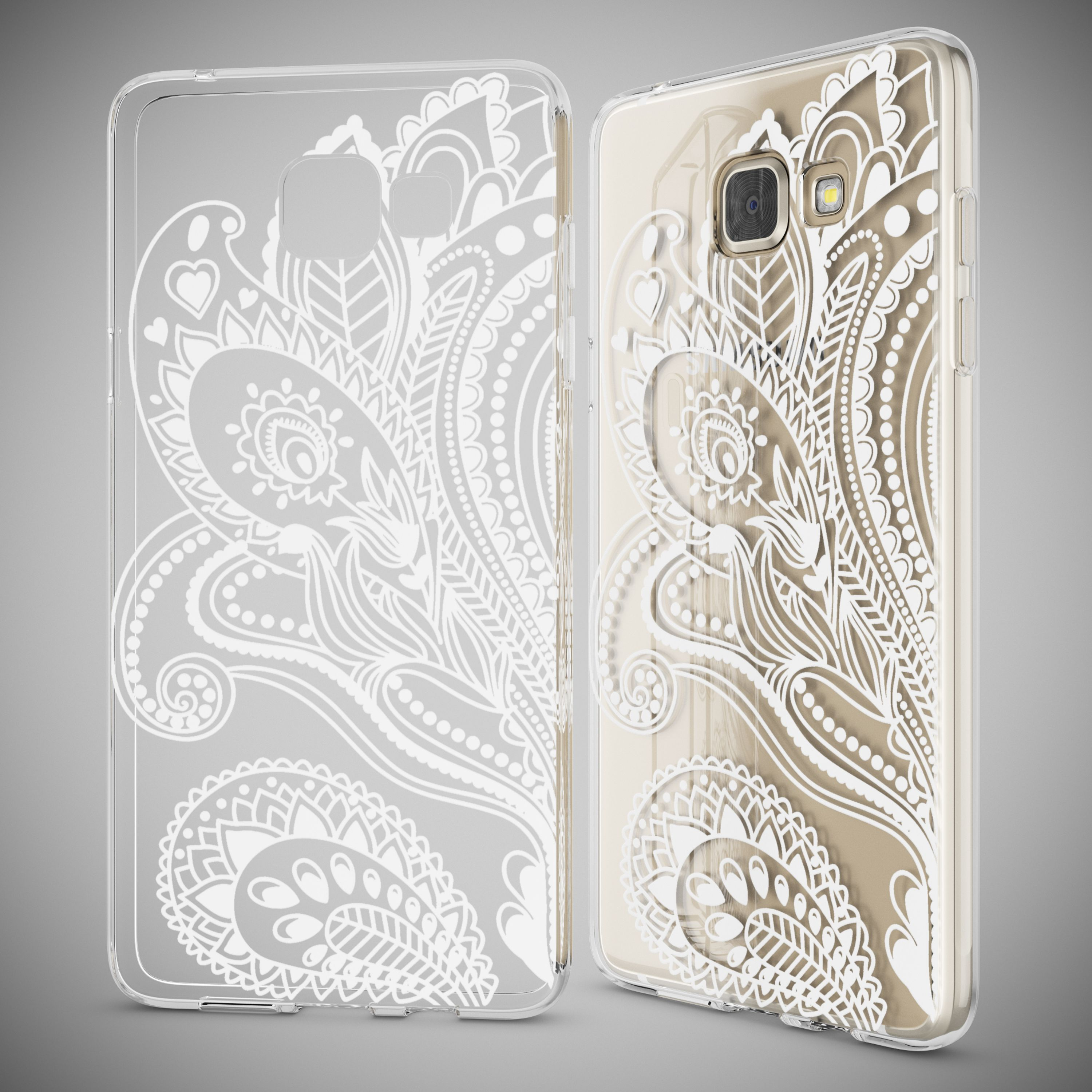 Transparente Handyhülle mit weißem Paisley-Muster, einmal leer und einmal auf einem goldenen Smartphone.