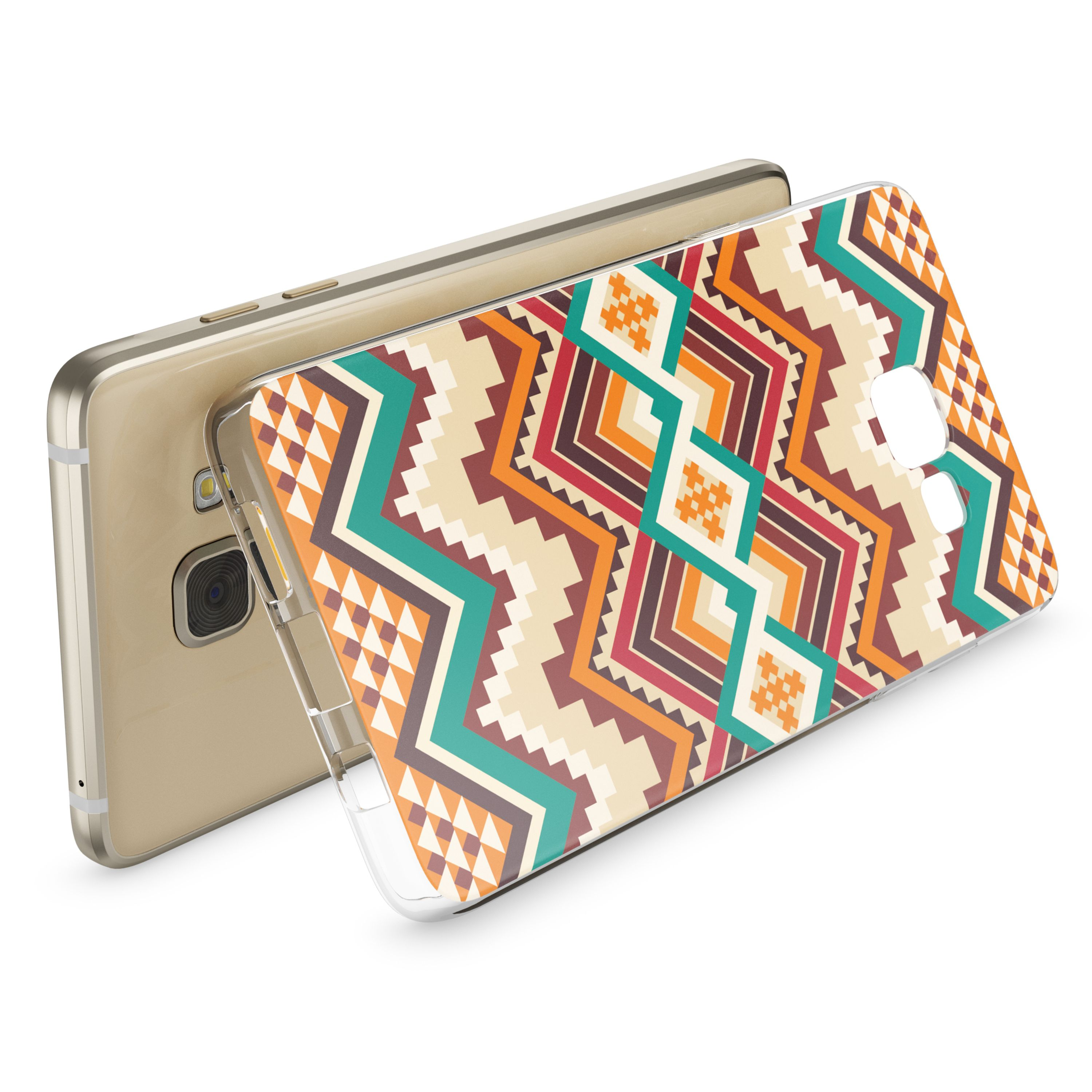 Ein Smartphone mit einer bunten Schutzhülle mit geometrischem Muster auf weißem Hintergrund.