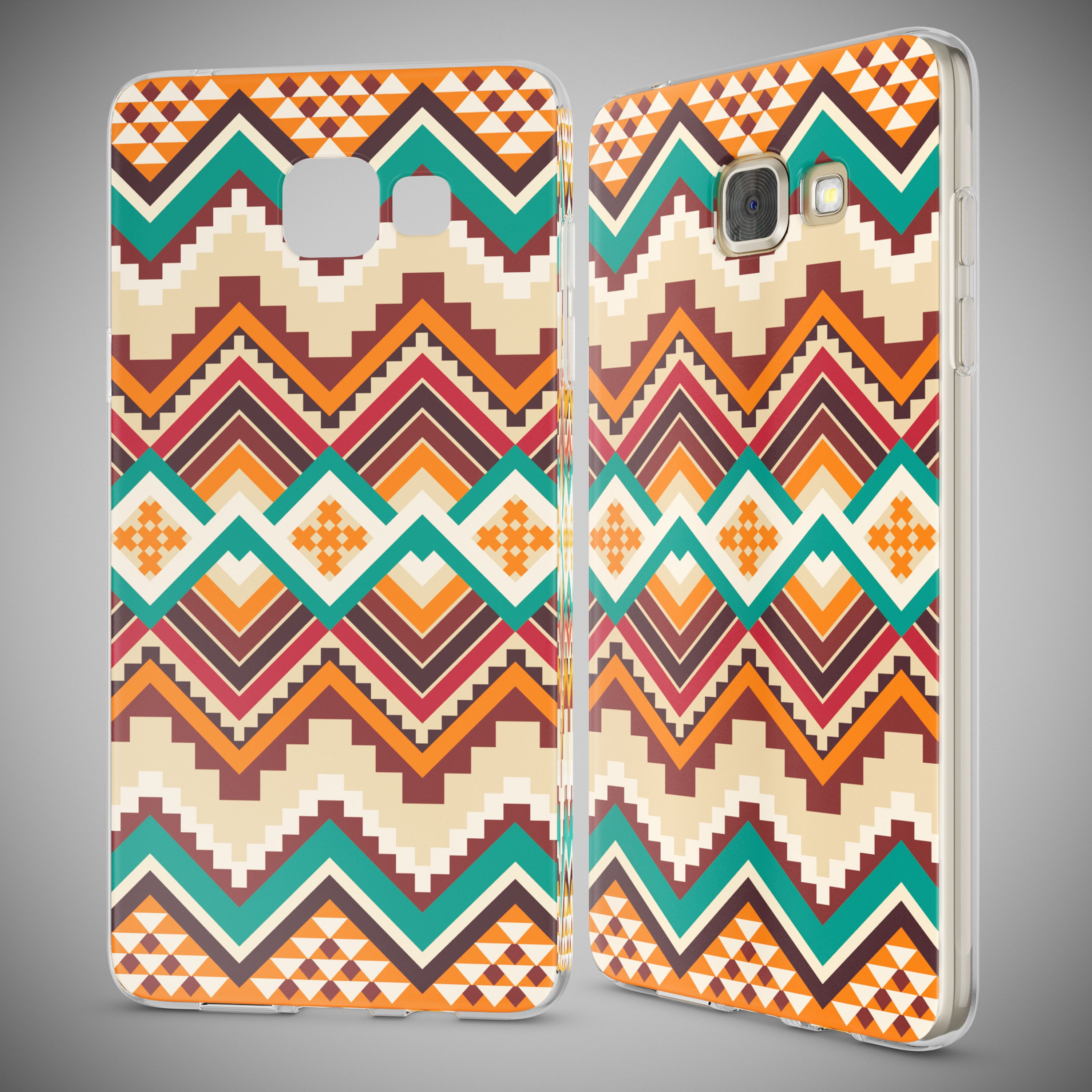 Zwei Smartphone-Hüllen mit bunten geometrischen Mustern in Türkis, Orange, Rot und Creme vor grauem Hintergrund.