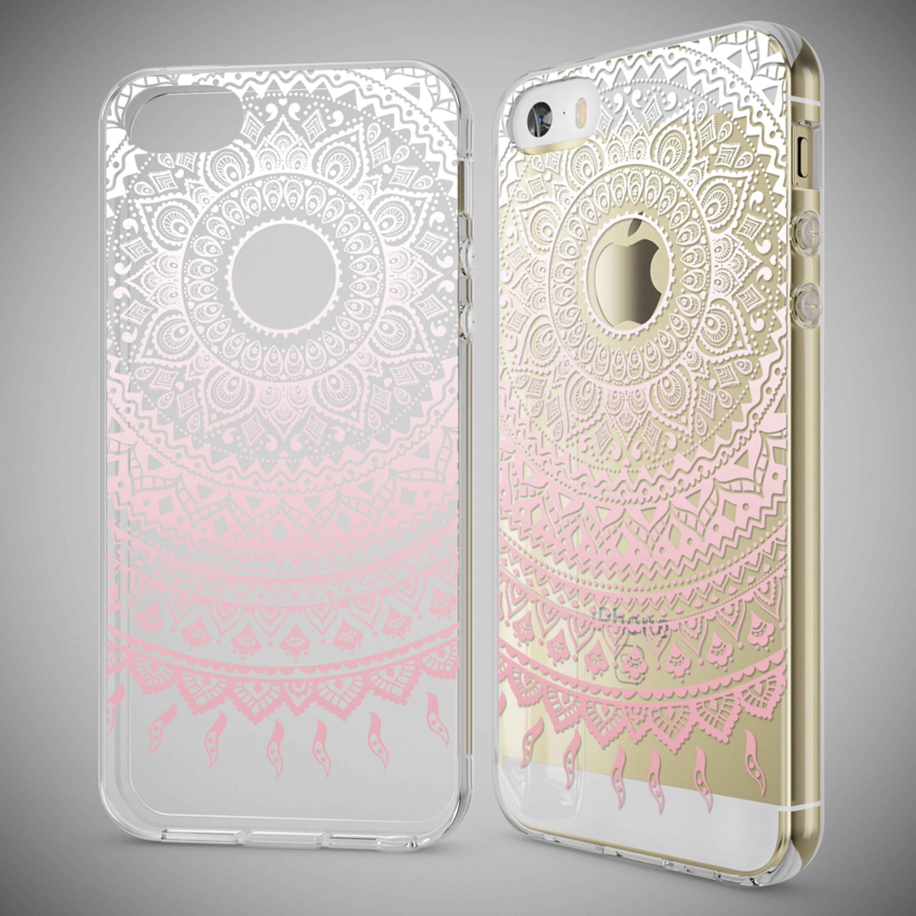 Transparente Handyhülle mit weißem und rosafarbenem Mandala-Muster auf einem goldenen iPhone.