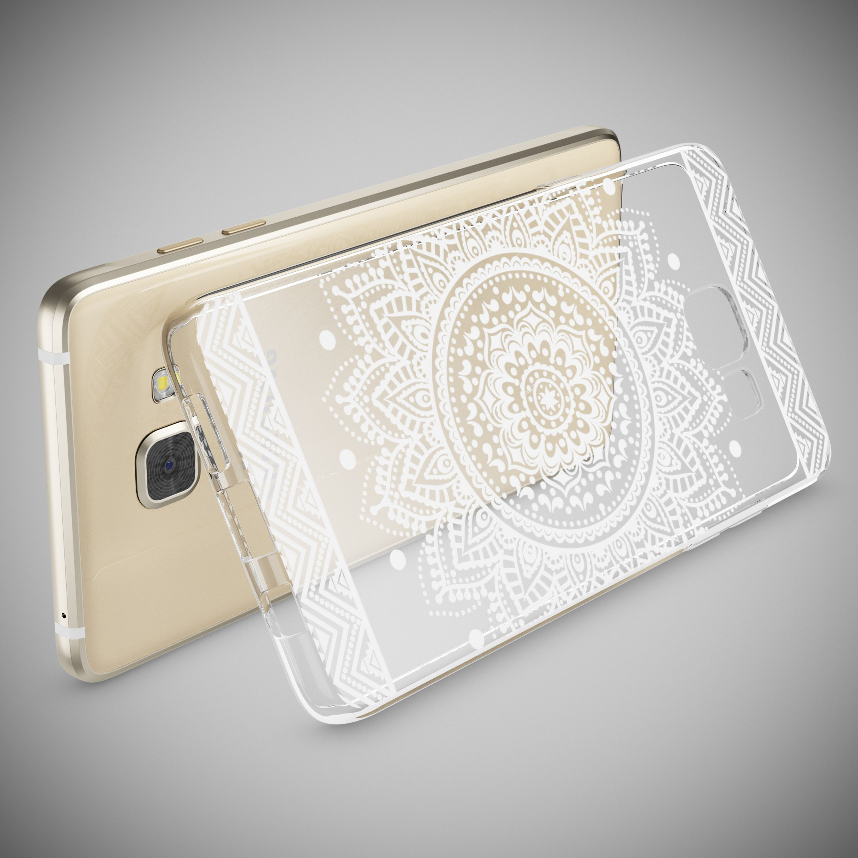 Ein goldenes Smartphone liegt neben einer transparenten Hülle mit weißem Mandalamuster.