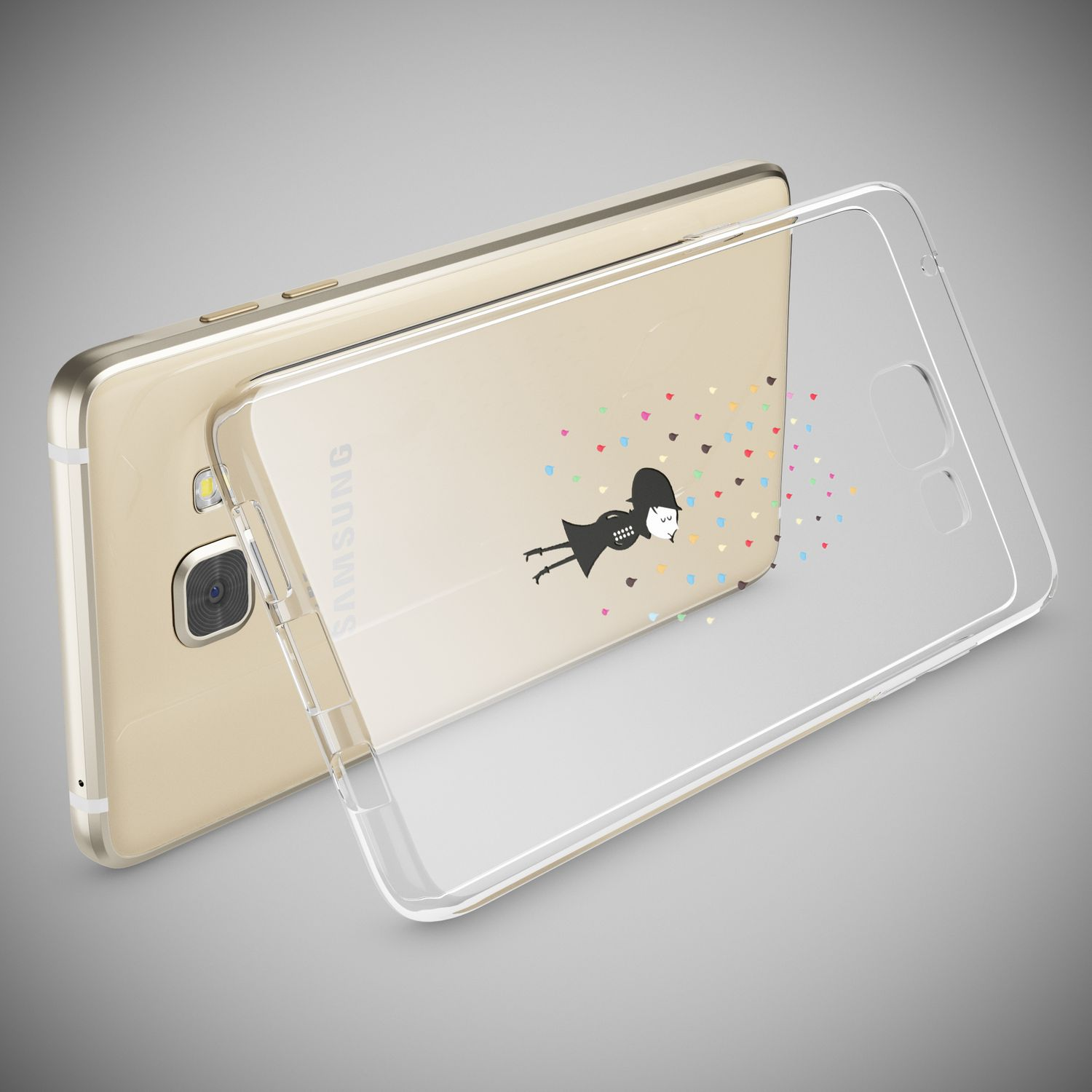 Ein goldenes Samsung-Handy mit Grafik und eine klare Schutzhülle daneben.