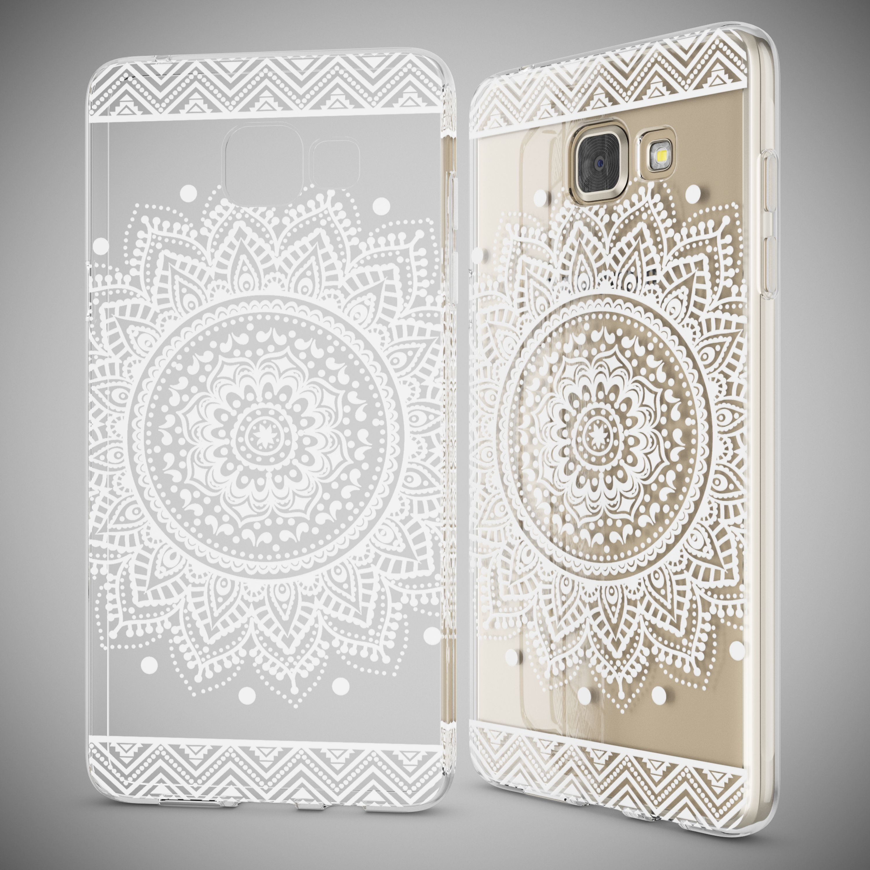 Transparente Handyhülle mit weißem Mandala-Muster auf einem goldenen Smartphone auf grauem Hintergrund.