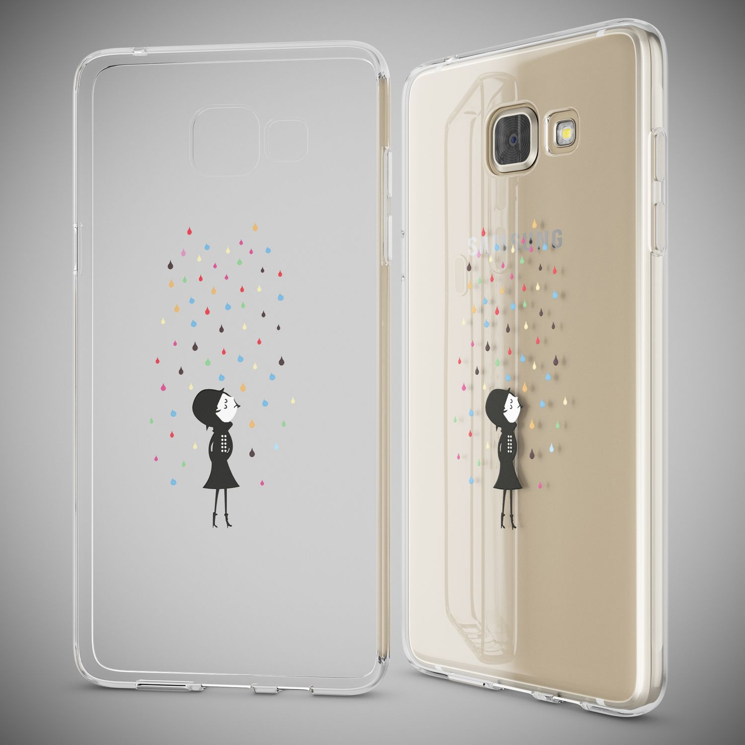 Transparente Handyhülle mit einer Grafik von einem Mädchen im Regen, einmal solo und einmal auf einem goldenen Smartphone.
