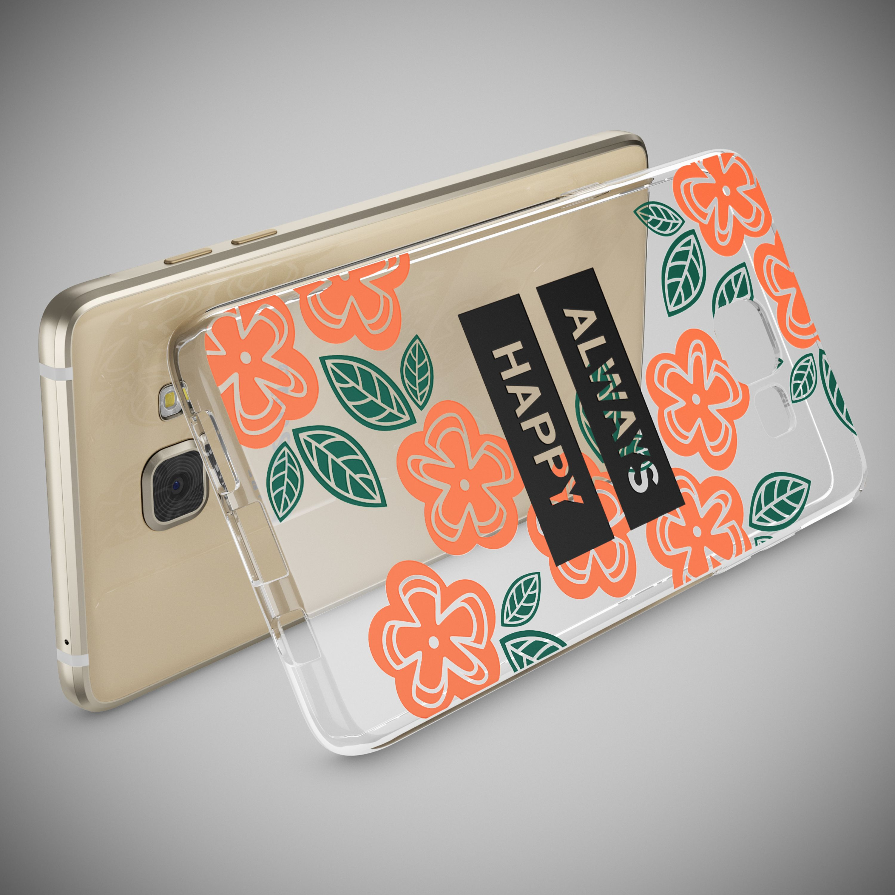 Eine goldene Smartphone-Hülle und eine transparente Hülle mit orangefarbenen Blumen und dem Text ALWAYS HAPPY.