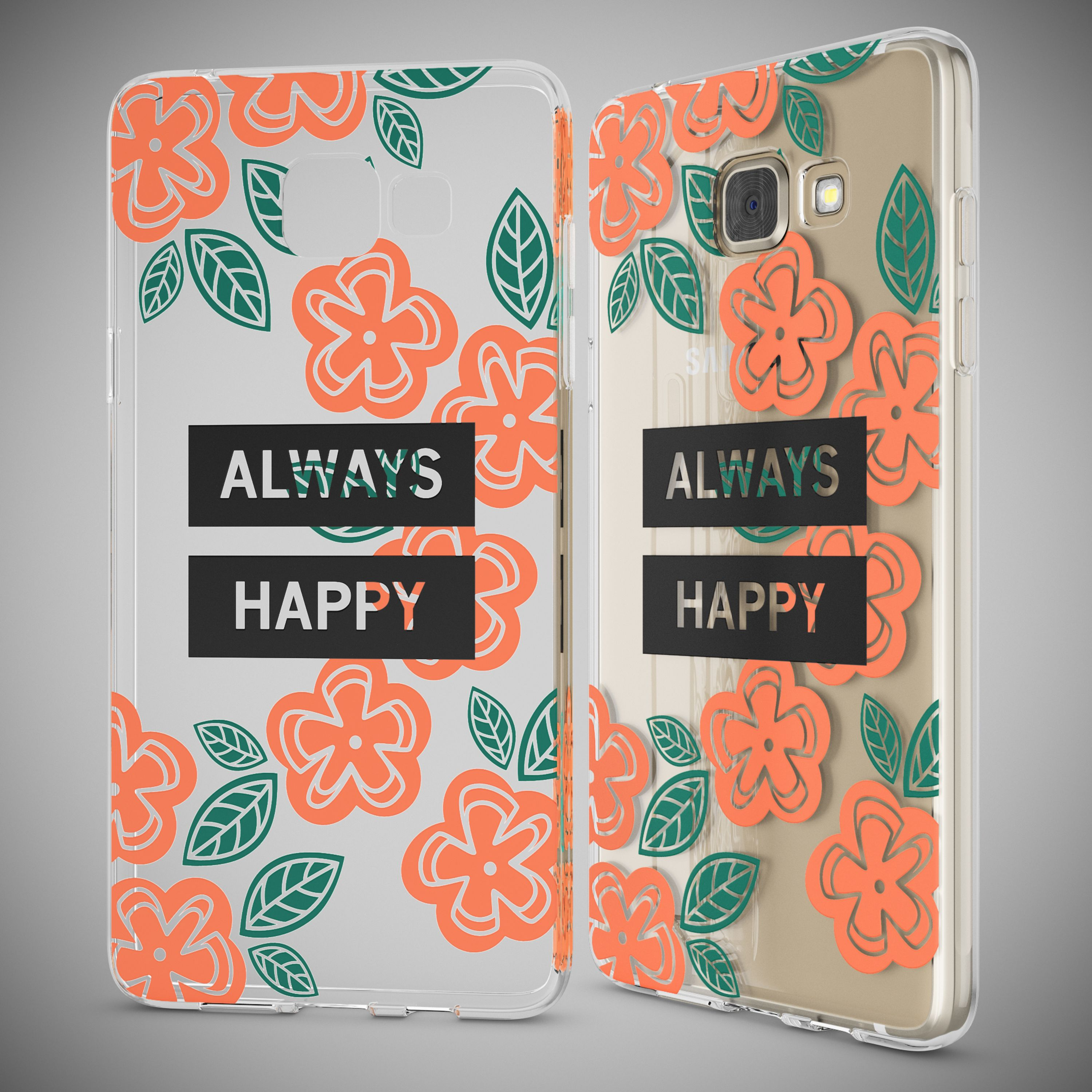 Transparente Handyhülle mit roten Blumen, grünen Blättern und dem Text Always Happy auf zwei schwarzen Balken.