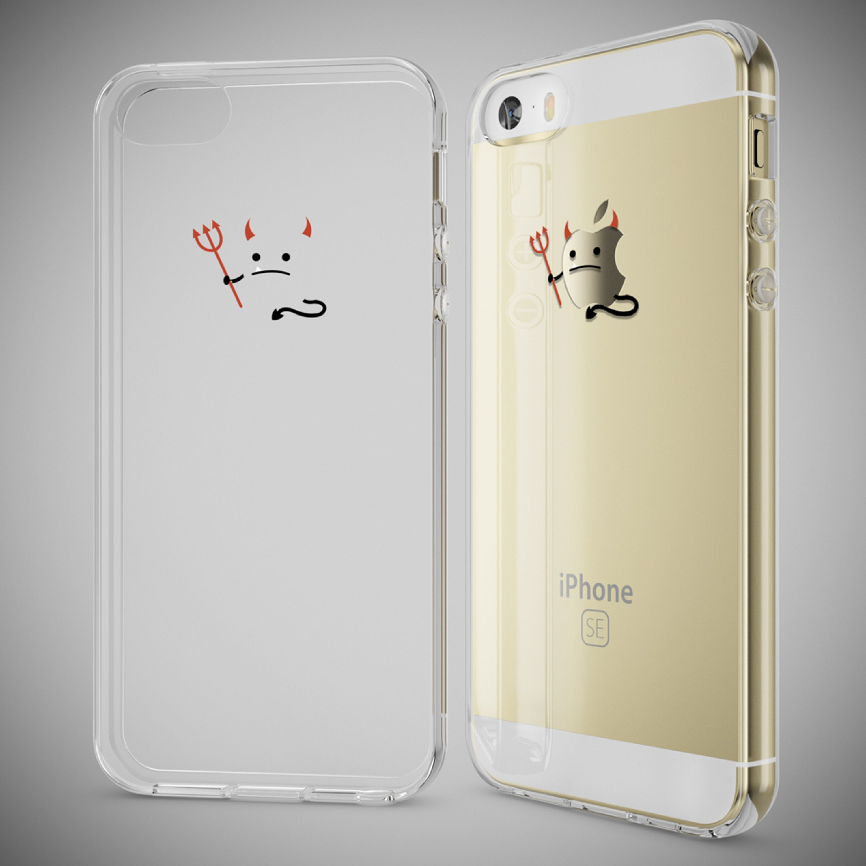 Eine klare iPhone SE Schutzhülle mit Teufelsgrafik zeigt sich auf und ohne ein goldenes Telefon vor grauem Hintergrund.