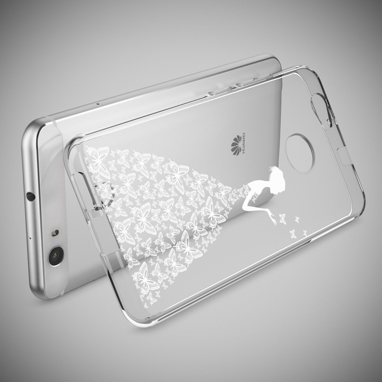 Eine transparente Handyhülle mit weißer Frauen-Silhouette im Schmetterlingskleid, auf einem silbernen Smartphone.