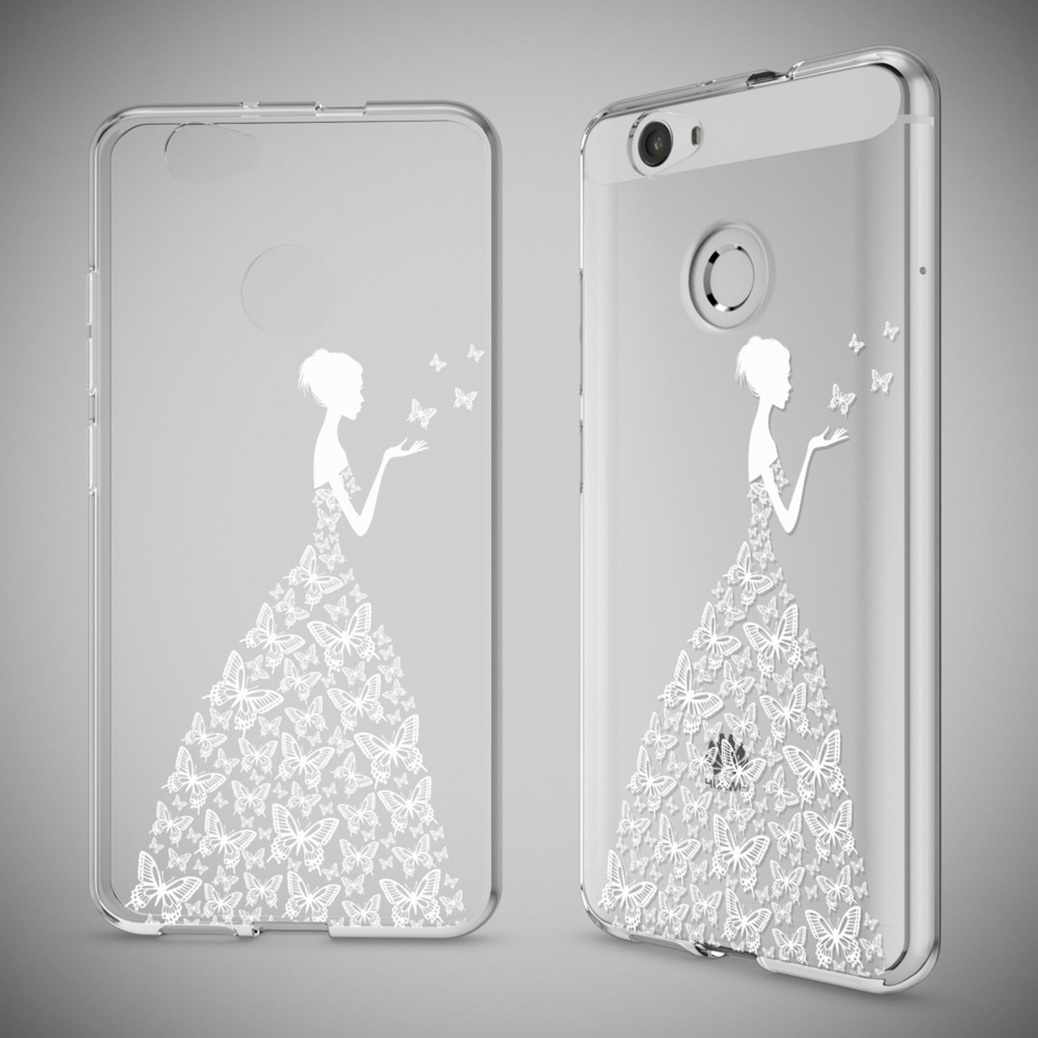 Transparente Handyhülle mit der weißen Silhouette einer Frau, deren Kleid aus Schmetterlingen besteht.