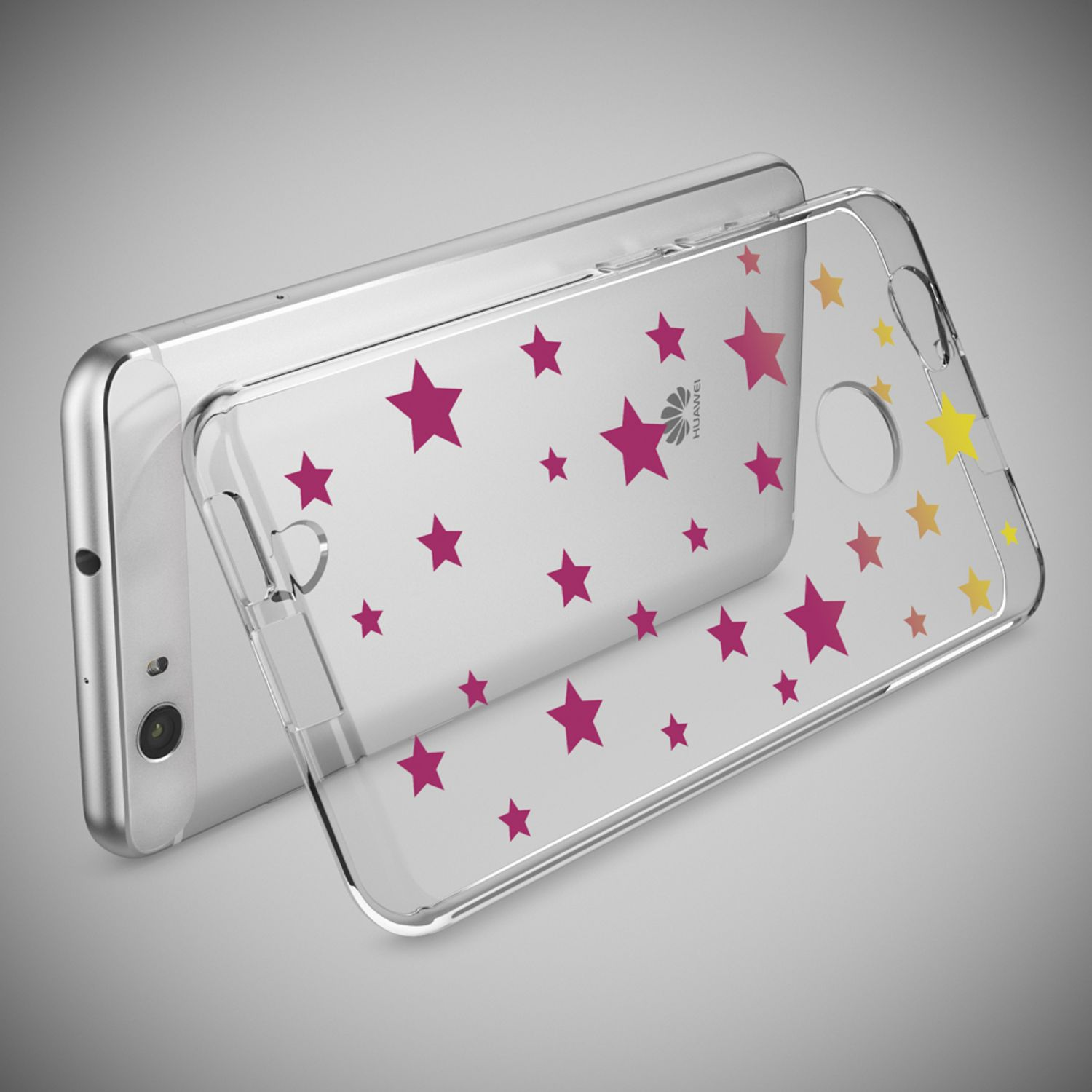 Ein silbernes Smartphone liegt hinter einer transparenten Schutzhülle mit bunten Sternen.