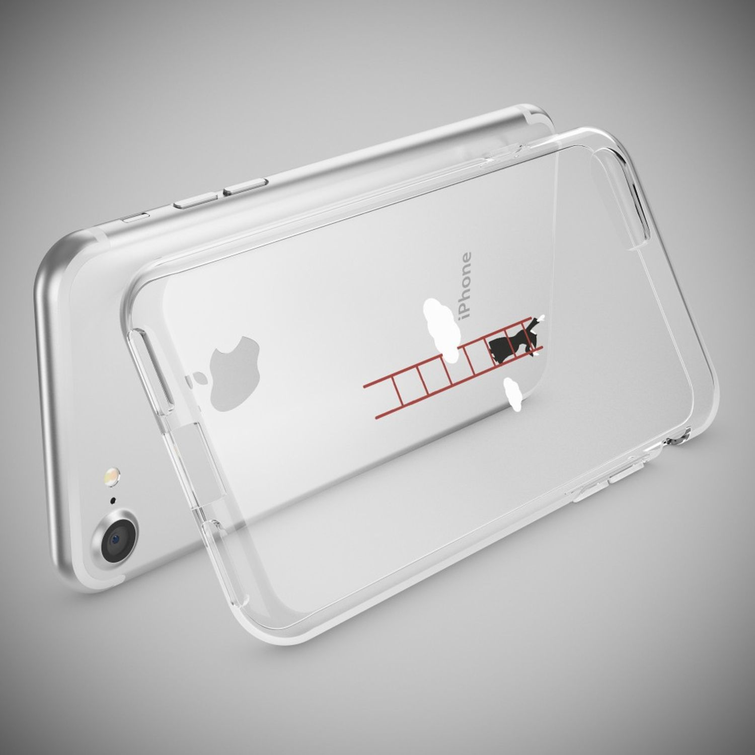 Ein Smartphone und eine transparente Hülle mit einem Leiter- und Wolkenmotiv auf grauem Hintergrund.