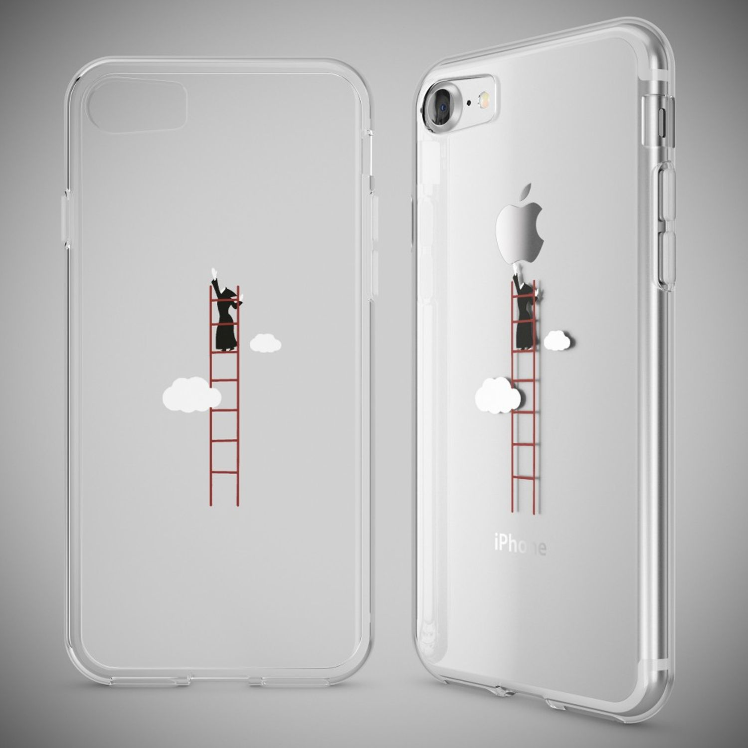 Transparente Handyhülle mit Illustration eines Menschen auf einer Leiter, der nach dem Apple-Logo greift.