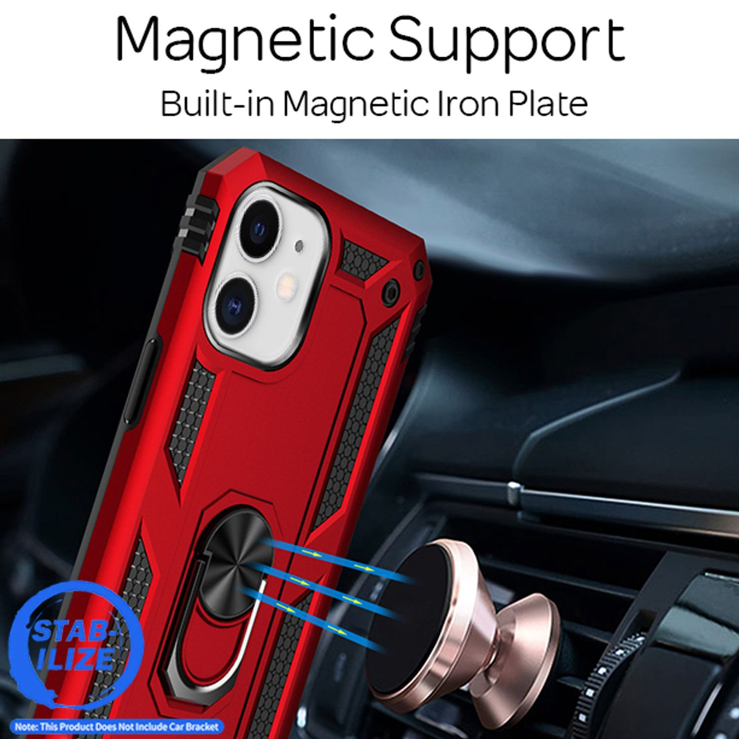 Custodia protettiva rossa con piastra metallica per supporto magnetico per auto.