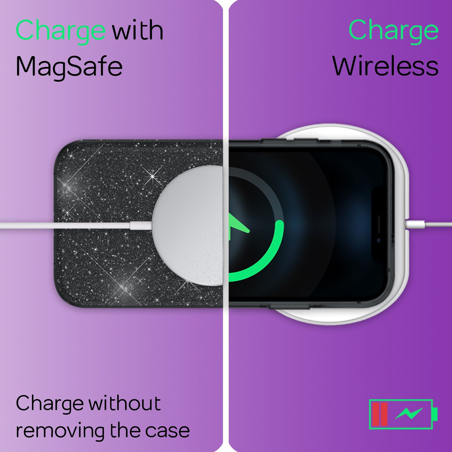 Confronto tra ricarica MagSafe con cover glitterata e ricarica wireless standard su sfondo viola.