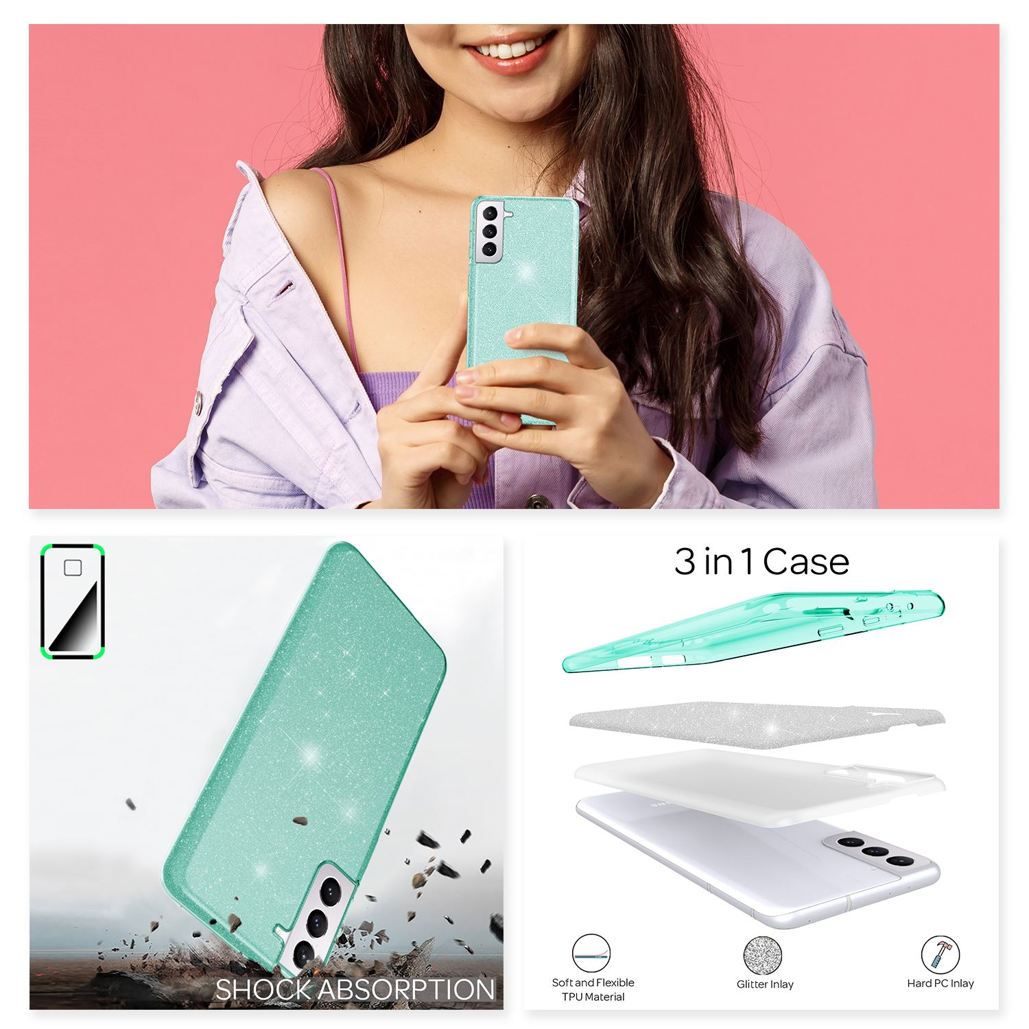 Una donna tiene uno smartphone verde glitterato su sfondo rosa, mostrando gli strati della custodia.