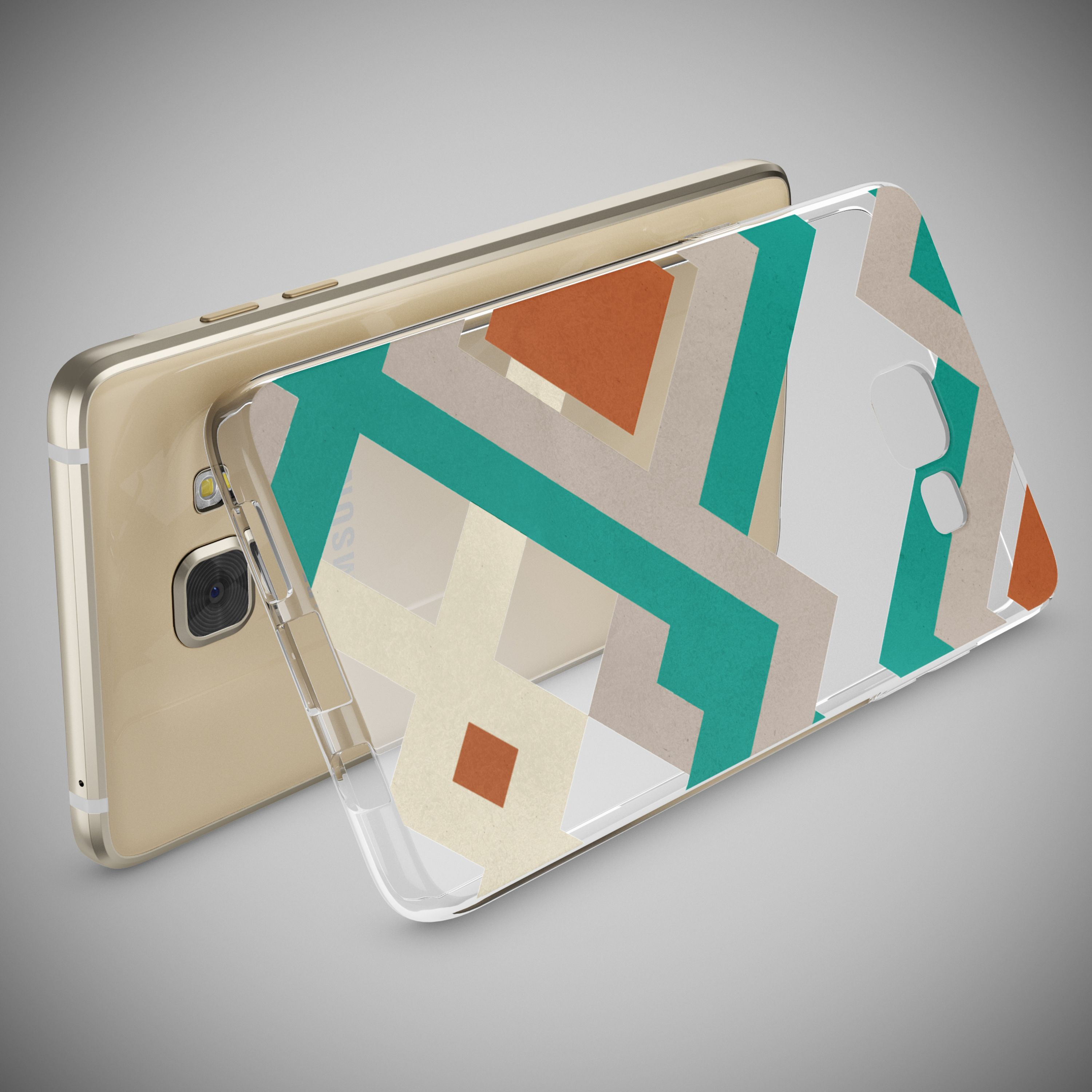 Goldenes Smartphone mit einer transparenten Schutzhülle mit geometrischem Muster auf grauem Hintergrund.