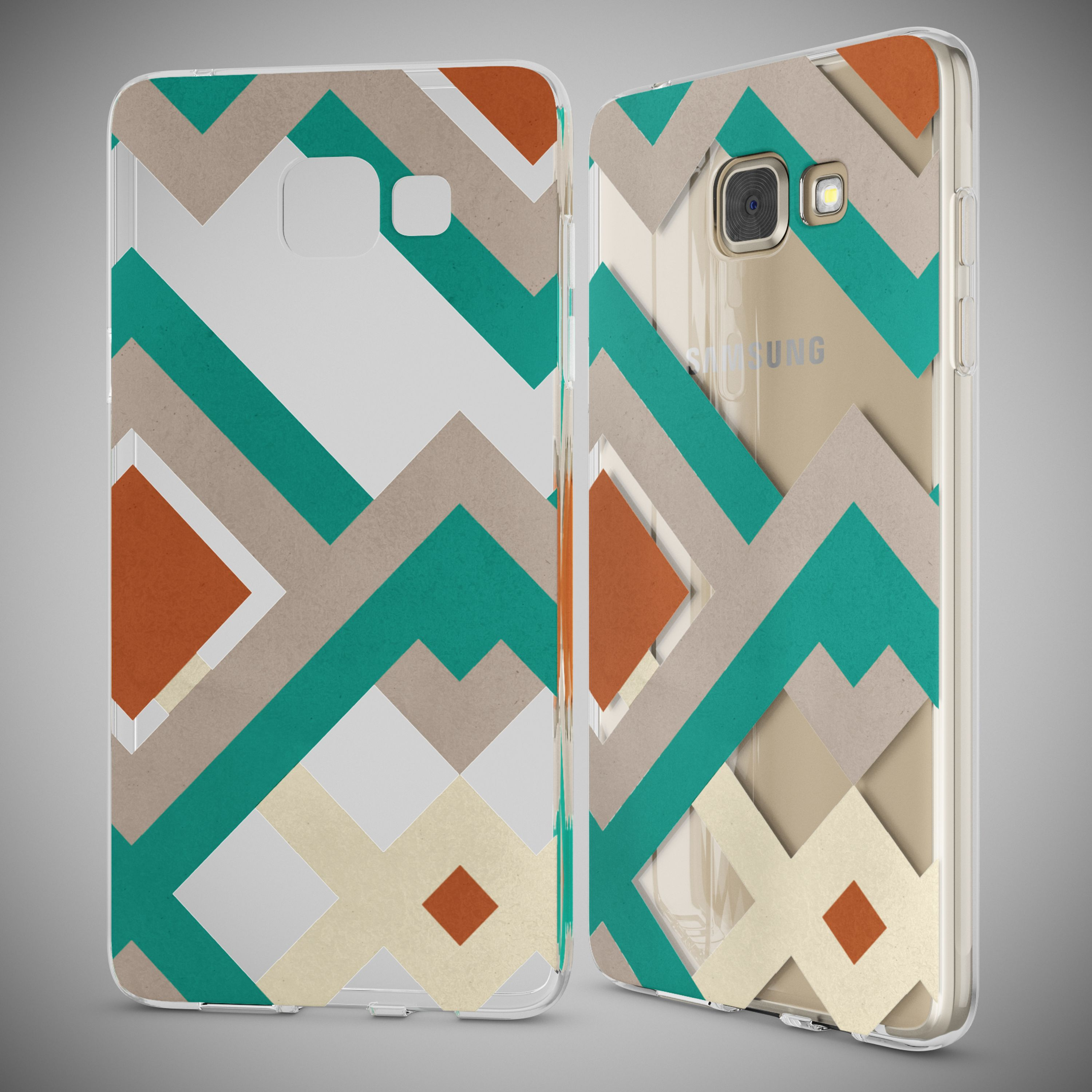 Transparente Smartphone-Hülle mit geometrischem Muster in Türkis, Braun, Beige und Weiß.