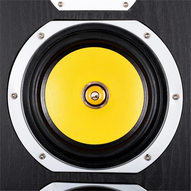 Primer plano de un altavoz con cono amarillo brillante, anillo plateado y tornillos en un mueble de madera negra.