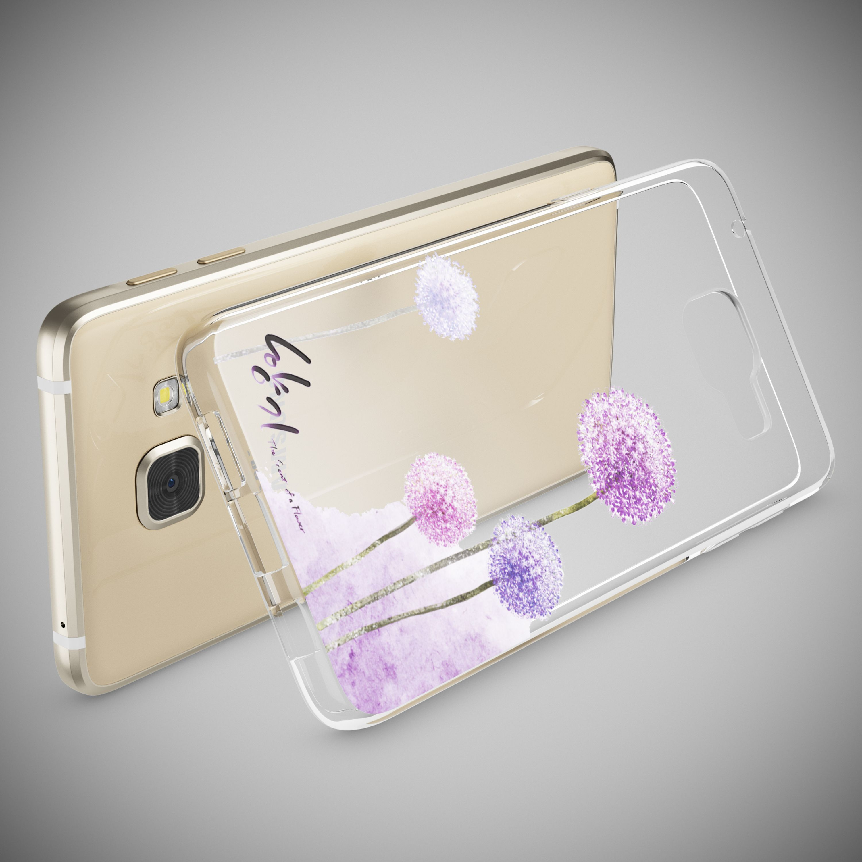Ein goldenes Smartphone mit einer transparenten Schutzhülle, die mit einem lila Pusteblumenmuster bedruckt ist.