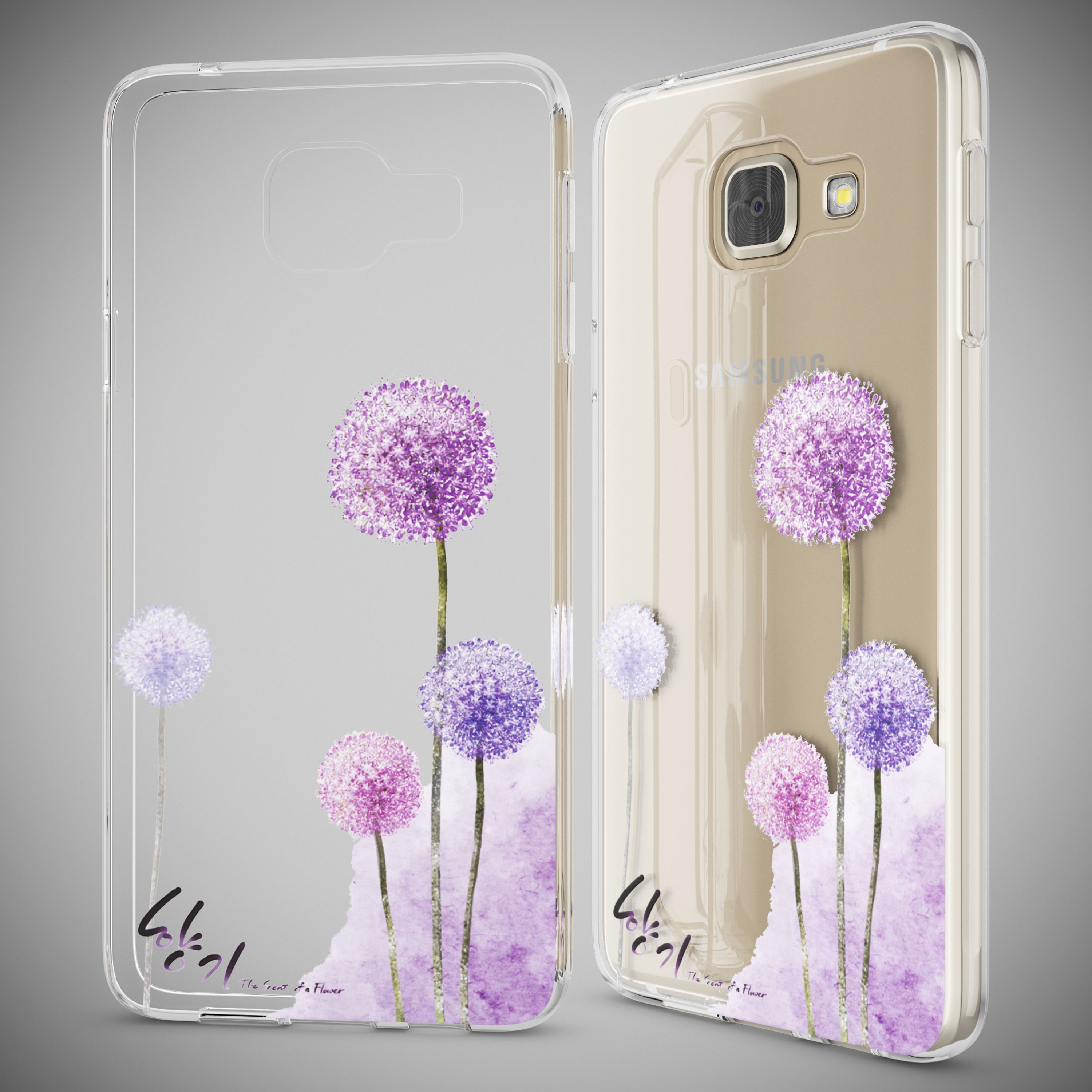 Transparente Handyhüllen mit lila Blumenillustrationen über einem Aquarellhintergrund und Text.