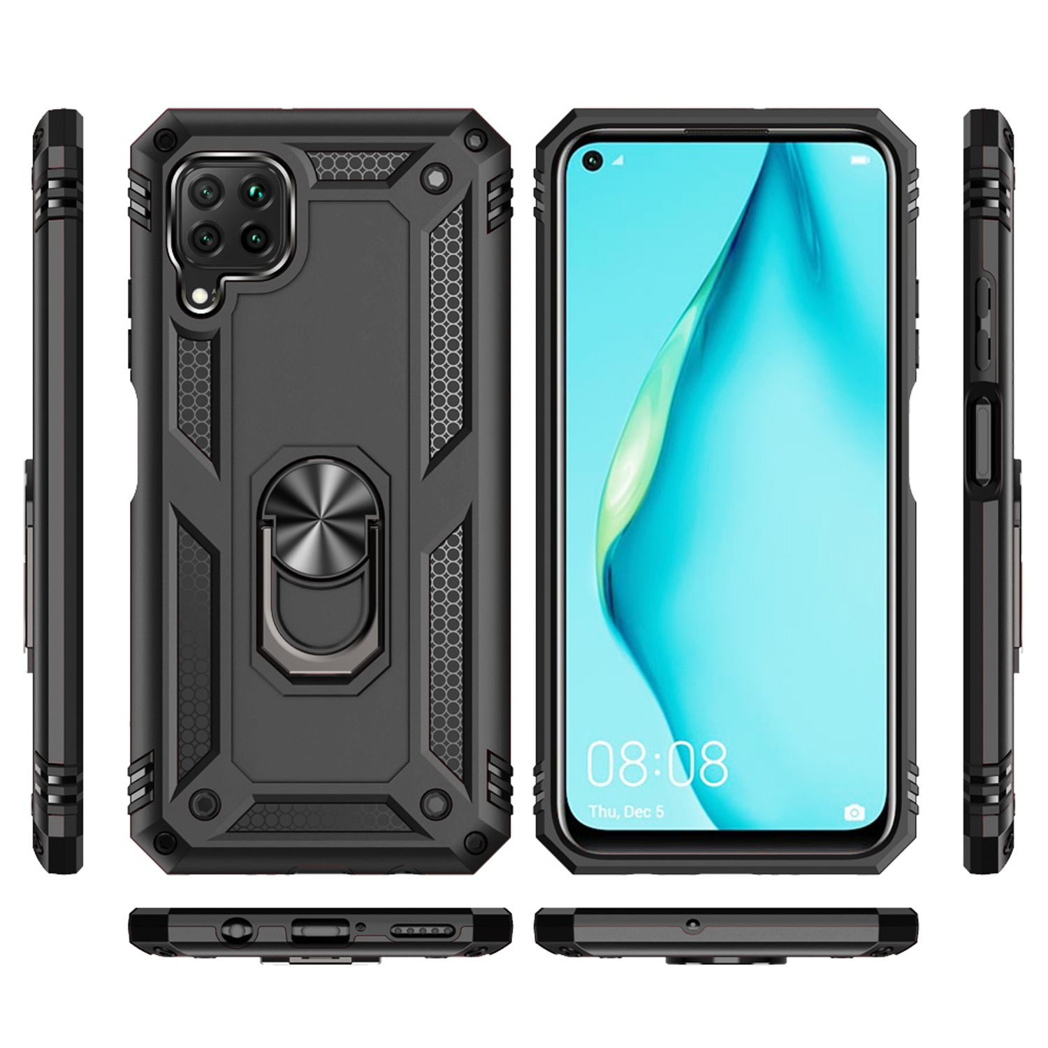 Robuste schwarze Smartphone-Hülle aus verschiedenen Blickwinkeln wie Vorder- und Rückseite.