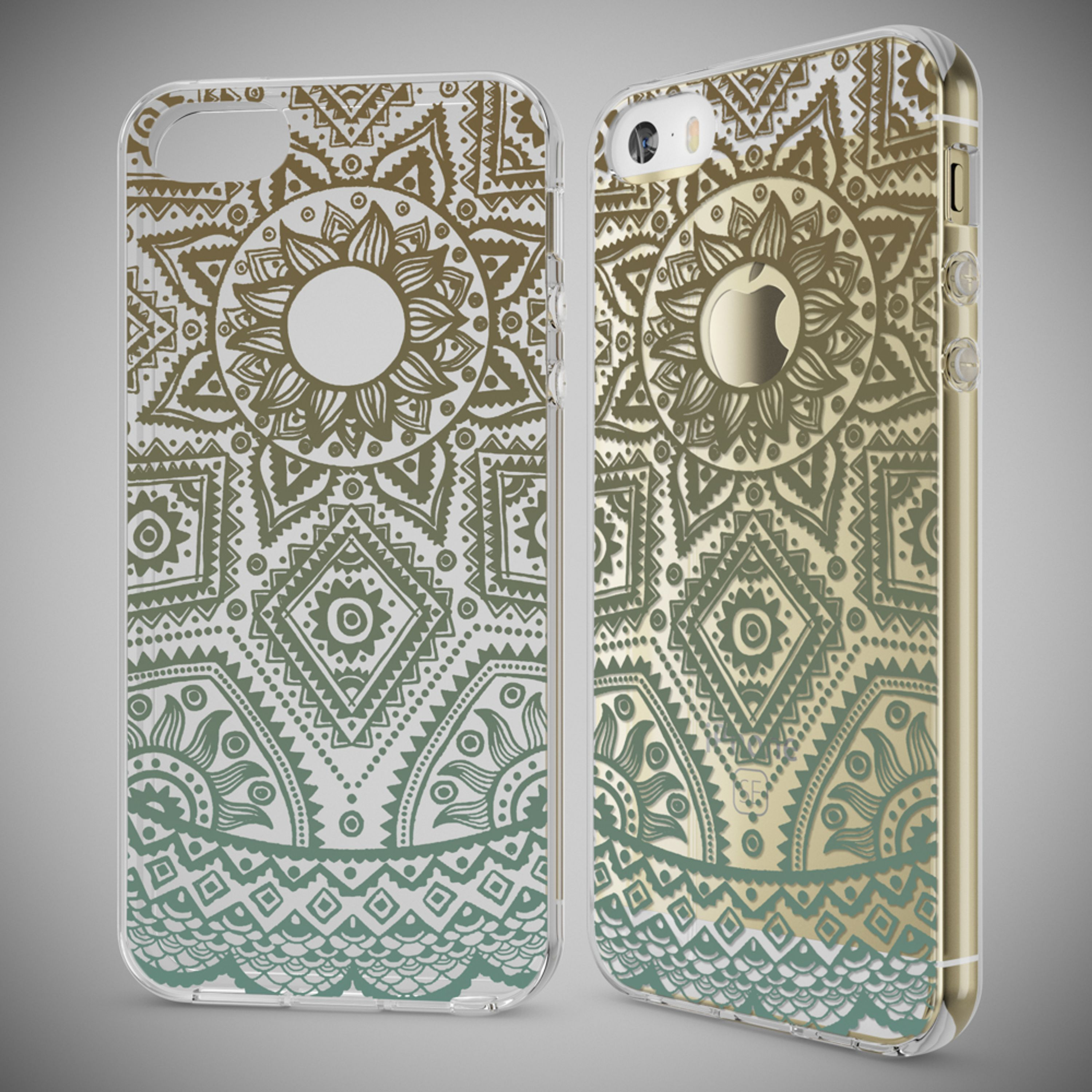 Zwei transparente iPhone-Hüllen mit goldenem und grünem Mandala-Muster auf grauem Hintergrund.
