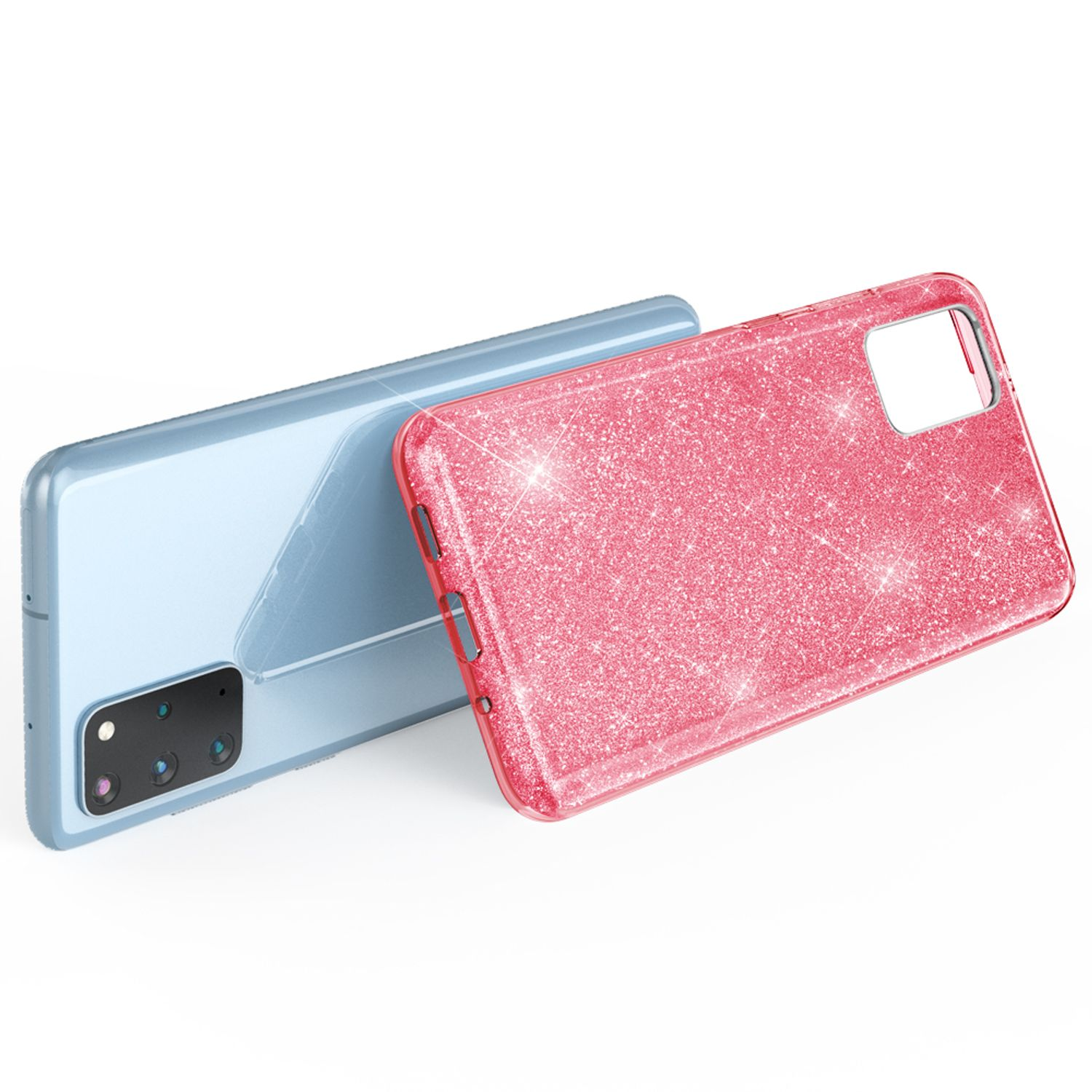 Ein hellblaues Smartphone mit Kamera steht neben einer glitzernden, roten Handyhülle auf weißem Grund.