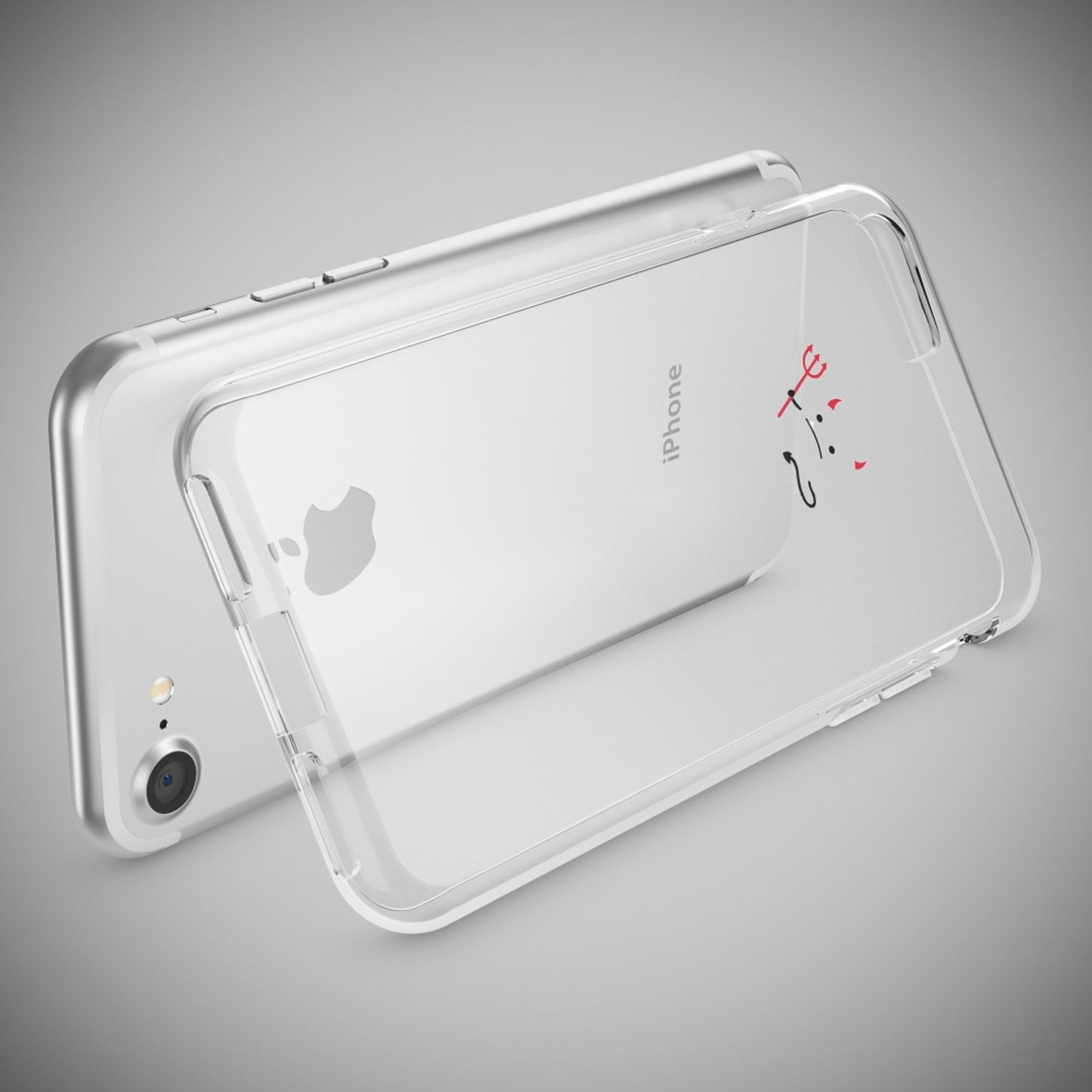 Ein silbernes iPhone mit transparenter Hülle und kleinen roten Teufelshörnern auf grauem Hintergrund.