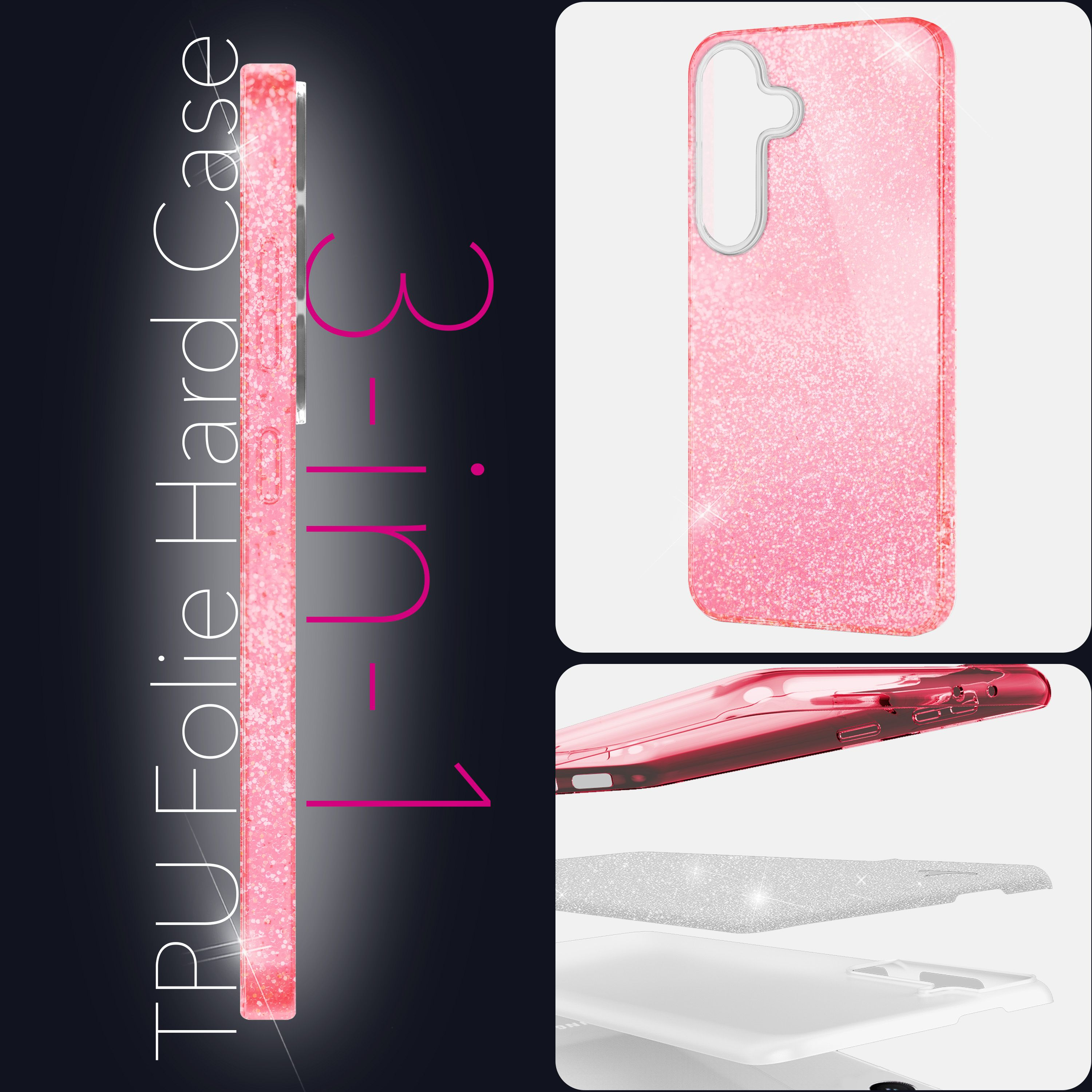 Custodia per telefono in TPU rosa glitterato mostrata da più angolazioni.