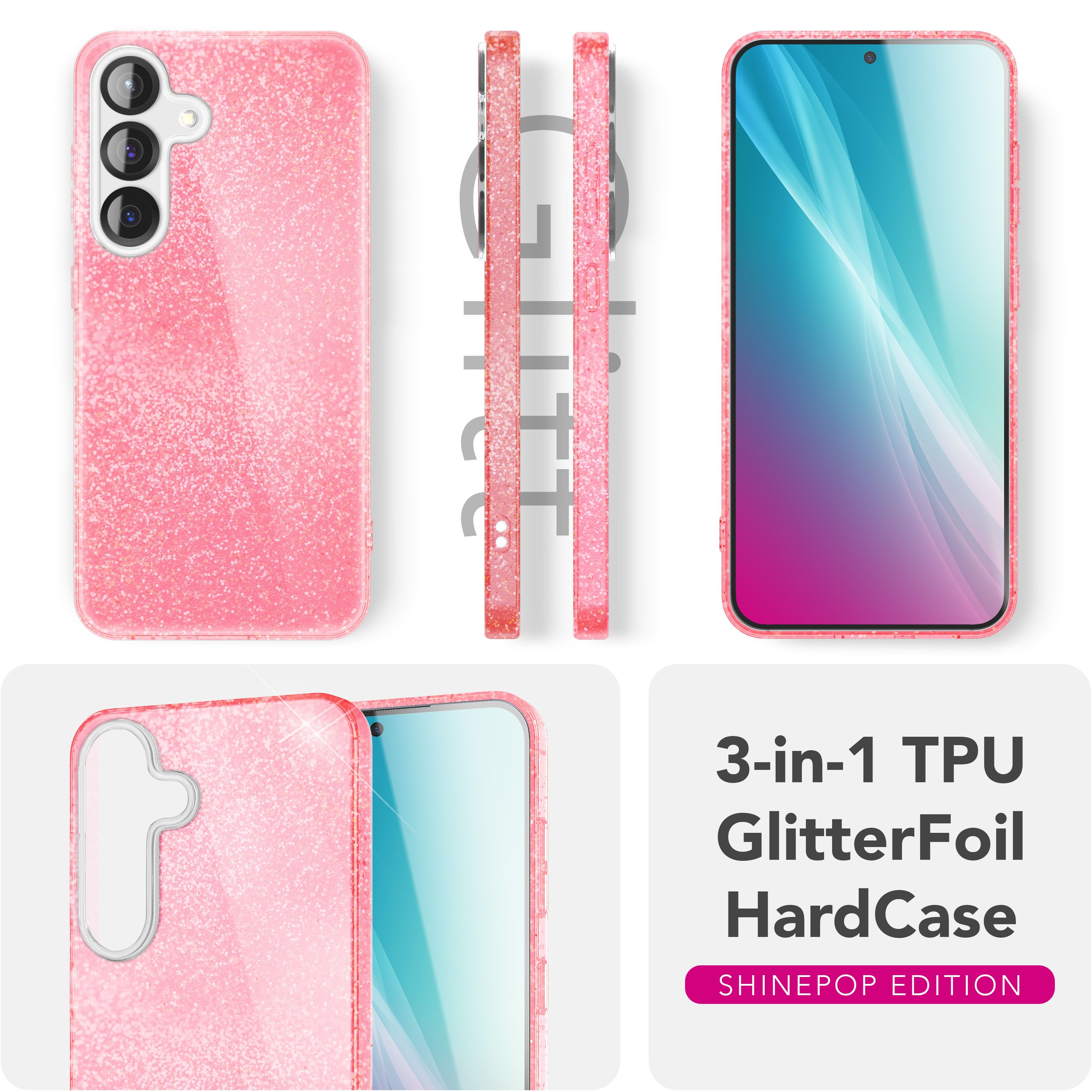 Custodia per telefono in TPU rosa glitterato mostrata da più prospettive.