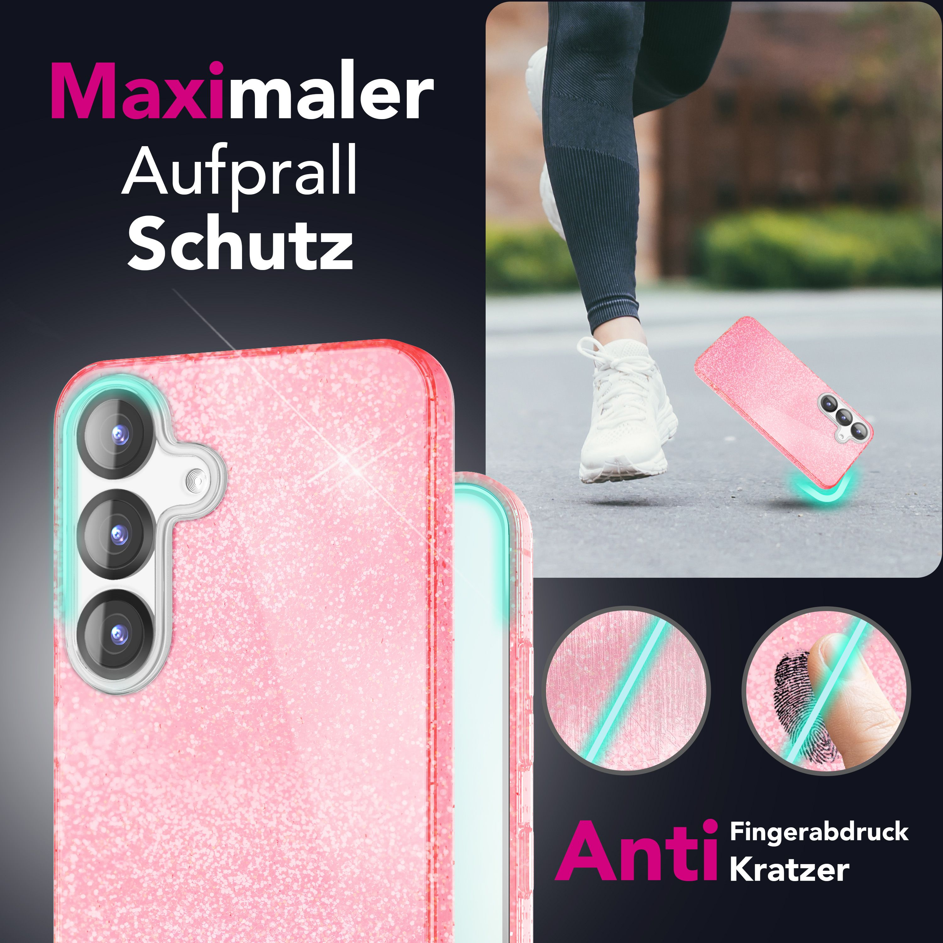 Custodia per telefono rosa glitterata con protezione antiurto e antigraffio.