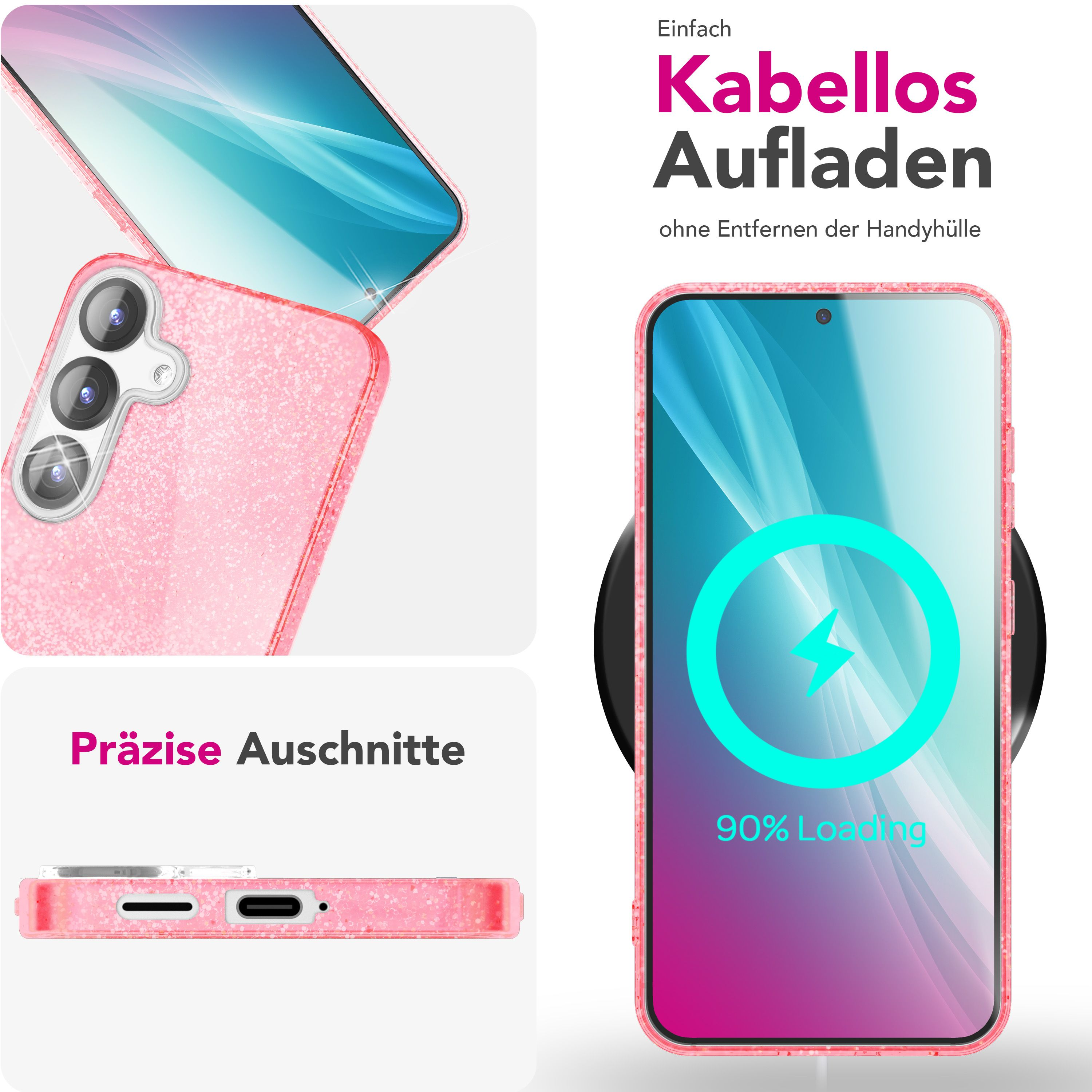 Custodia per telefono glitter rosa su uno smartphone con ricarica wireless e ritagli precisi.