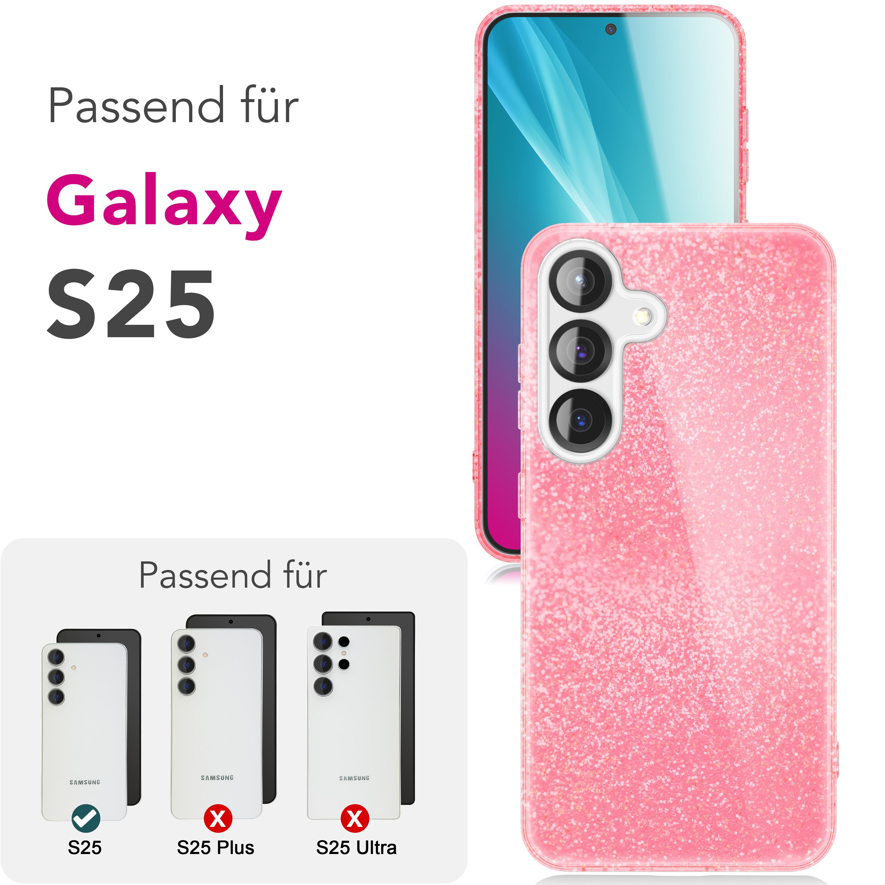 Cover per cellulare rosa glitterata per Samsung Galaxy S25 con tre fotocamere.