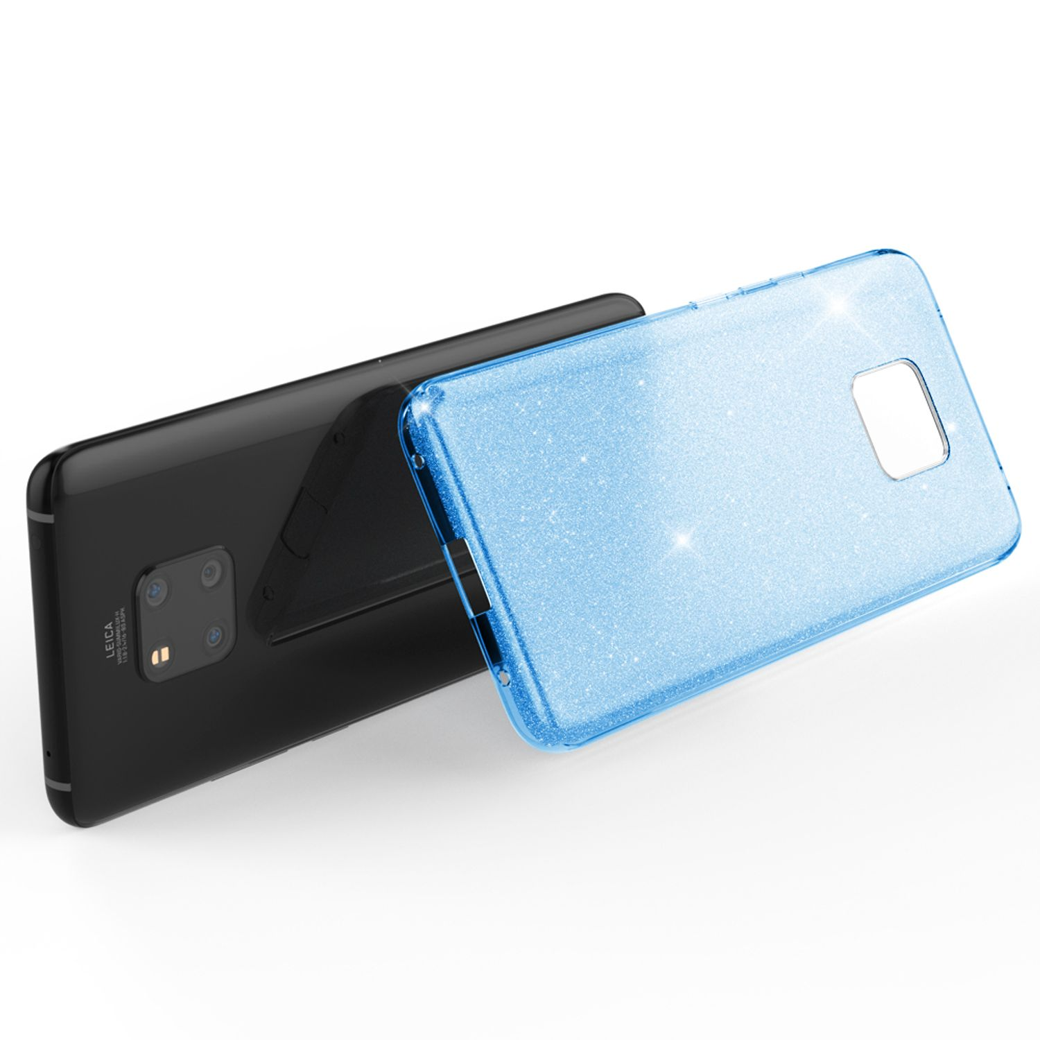 Ein schwarzes Smartphone mit einer glänzenden blauen Glitzer-Handyhülle auf weißem Hintergrund.