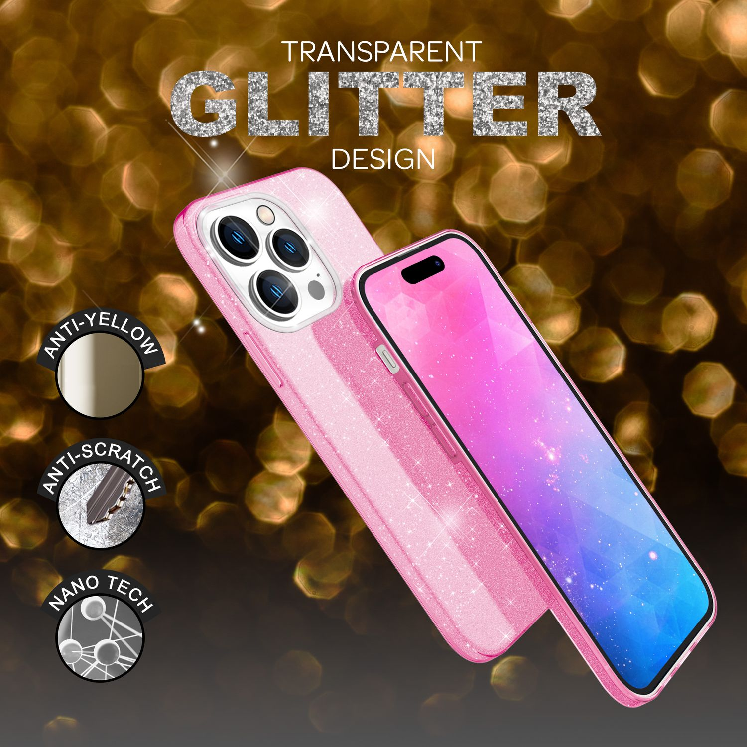 Zwei rosa Glitzer-Smartphonehüllen vor goldenem Bokeh-Hintergrund mit Symbolen links.