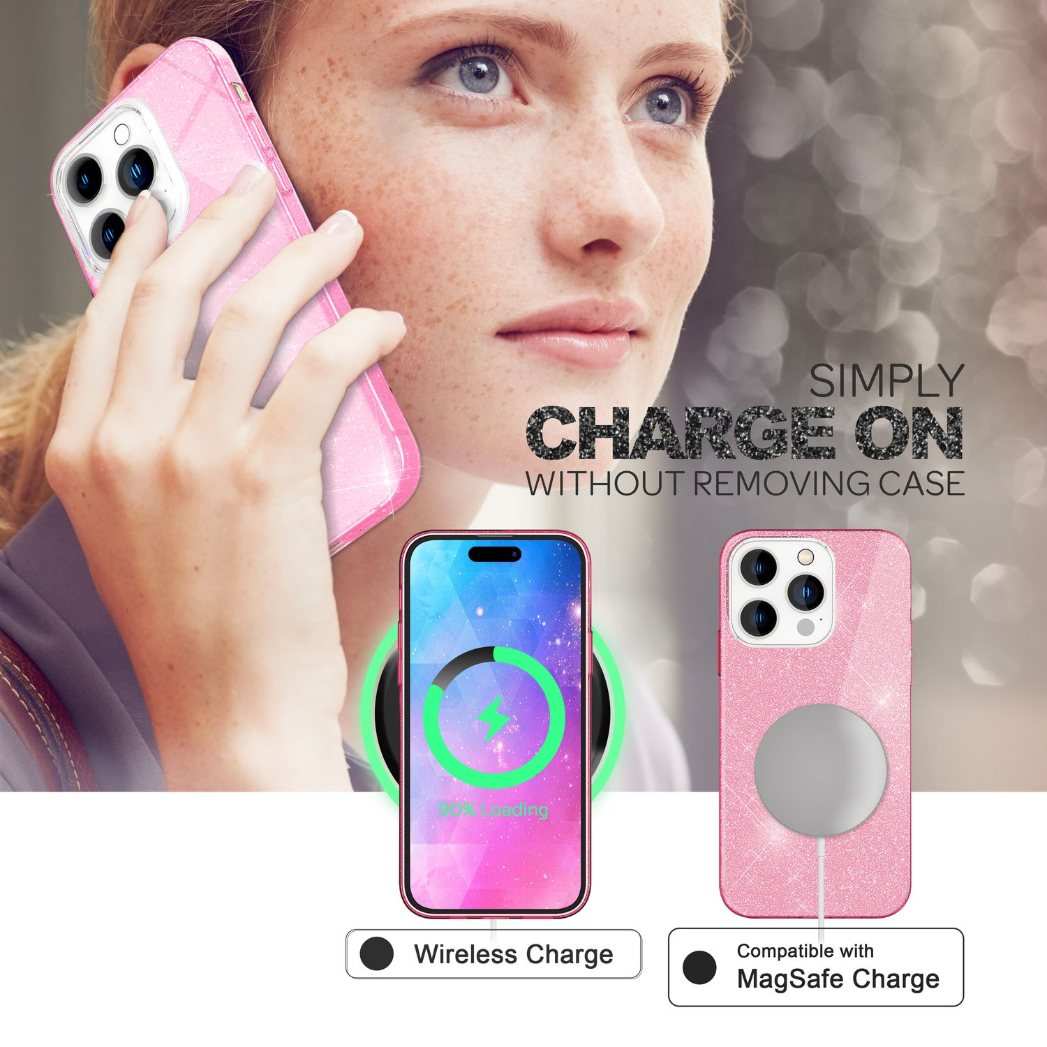 Eine Frau telefoniert mit einem rosa Glitzer-Smartphone, das kabellos geladen wird.