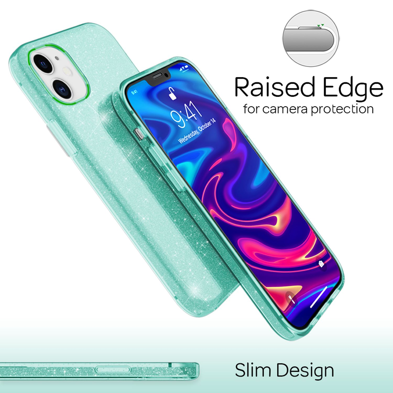 Glitzernde mintgrüne Handyhülle mit erhöhtem Rand und schlankem Design.