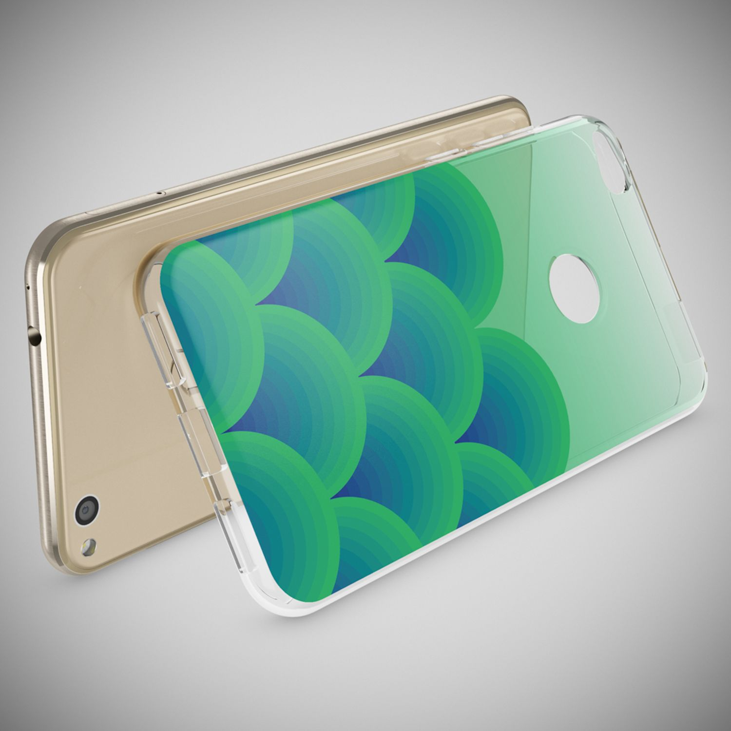 Ein goldenes Smartphone mit einer klaren Schutzhülle, die ein grün-blaues Fischschuppen-Muster zeigt.