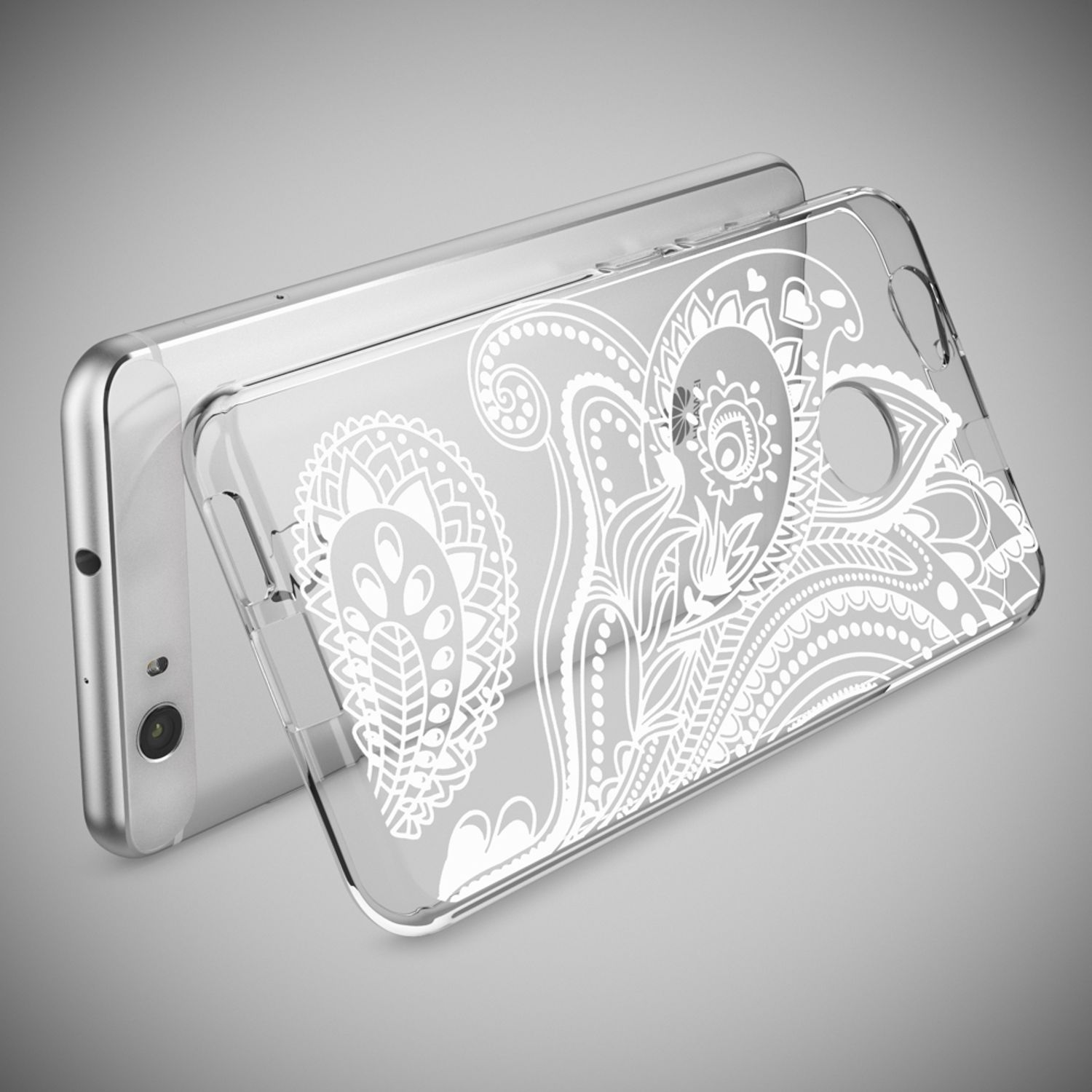 Ein silbernes Smartphone mit transparenter Hülle und weißem Blumenmuster auf grauem Hintergrund.
