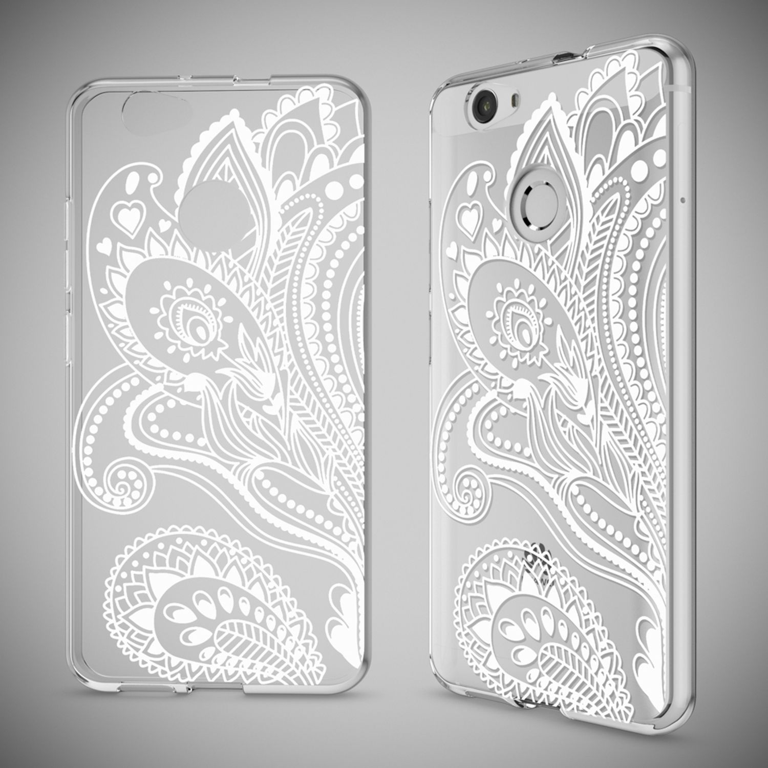 Transparente Handyhülle mit weißem Paisley-Muster, gezeigt von vorne und hinten auf grauem Hintergrund.