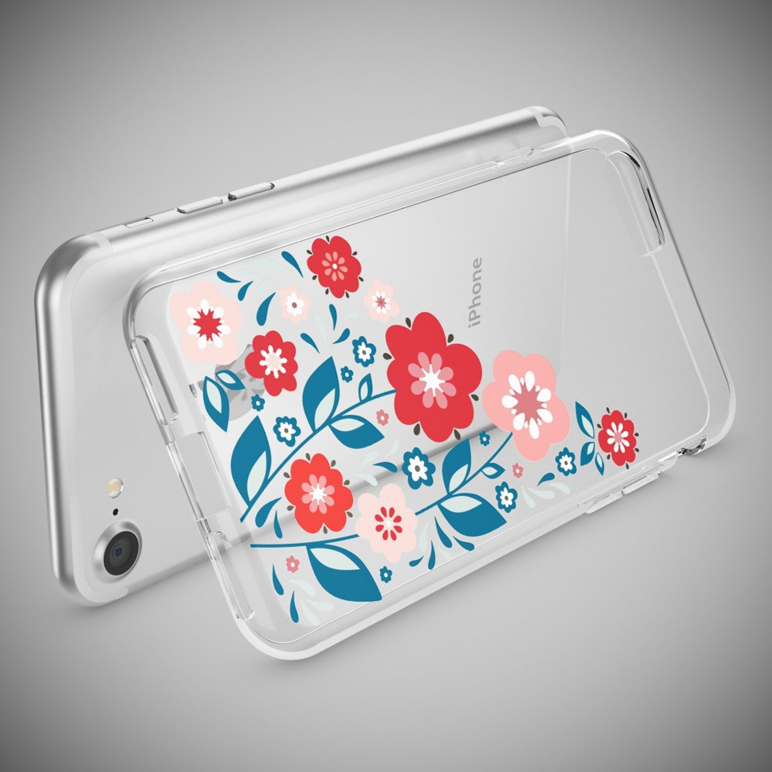 Durchsichtige iPhone-Hülle mit rotem und rosafarbenem Blumenmuster auf grauem Hintergrund.