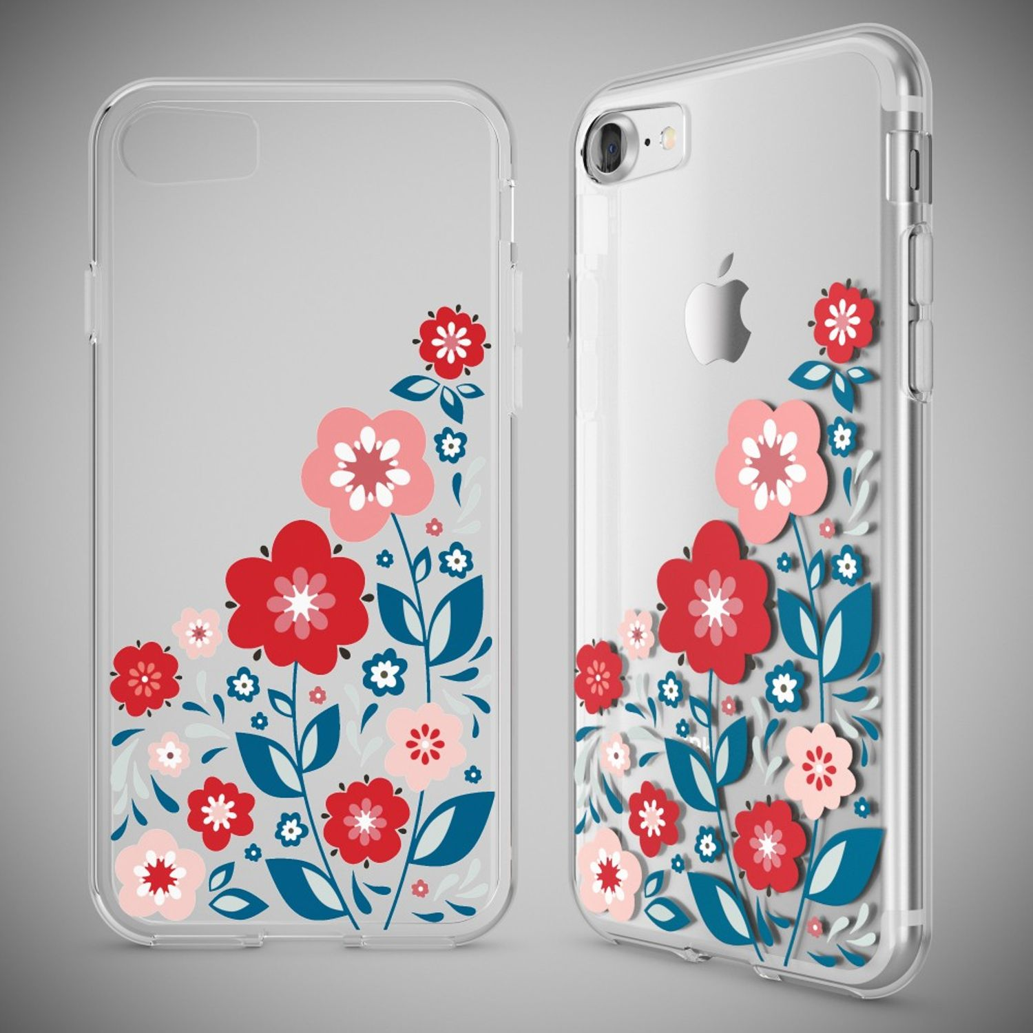 Transparente Handyhülle mit bunten Blumen und blauem Blattwerk, links leer, rechts auf einem iPhone.