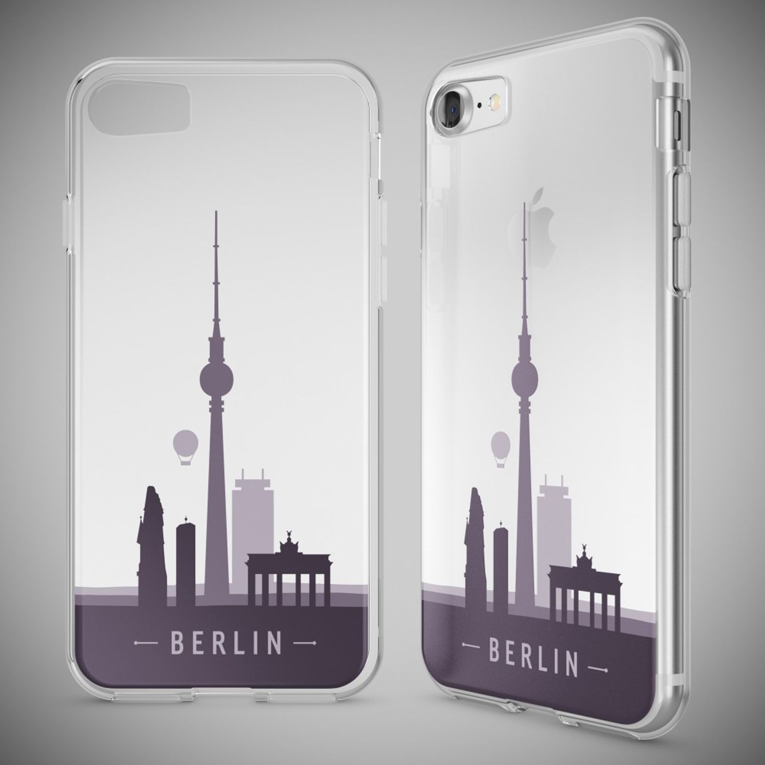 Transparente Handyhülle mit der Berliner Skyline in Lila und dem Schriftzug BERLIN.